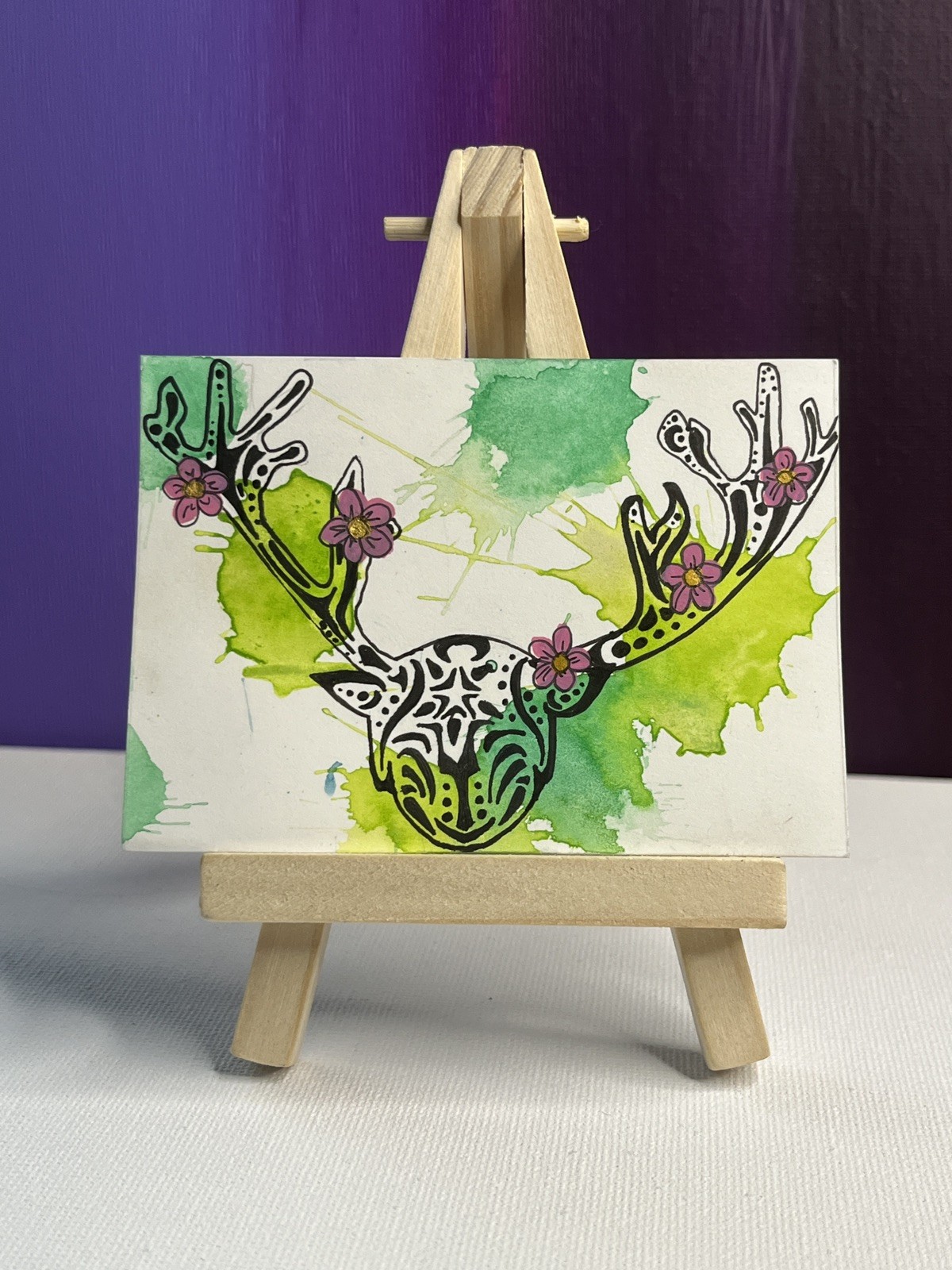 ACEO Original Painting Animals Nature Deer Floral Art By ShortbusExpress
