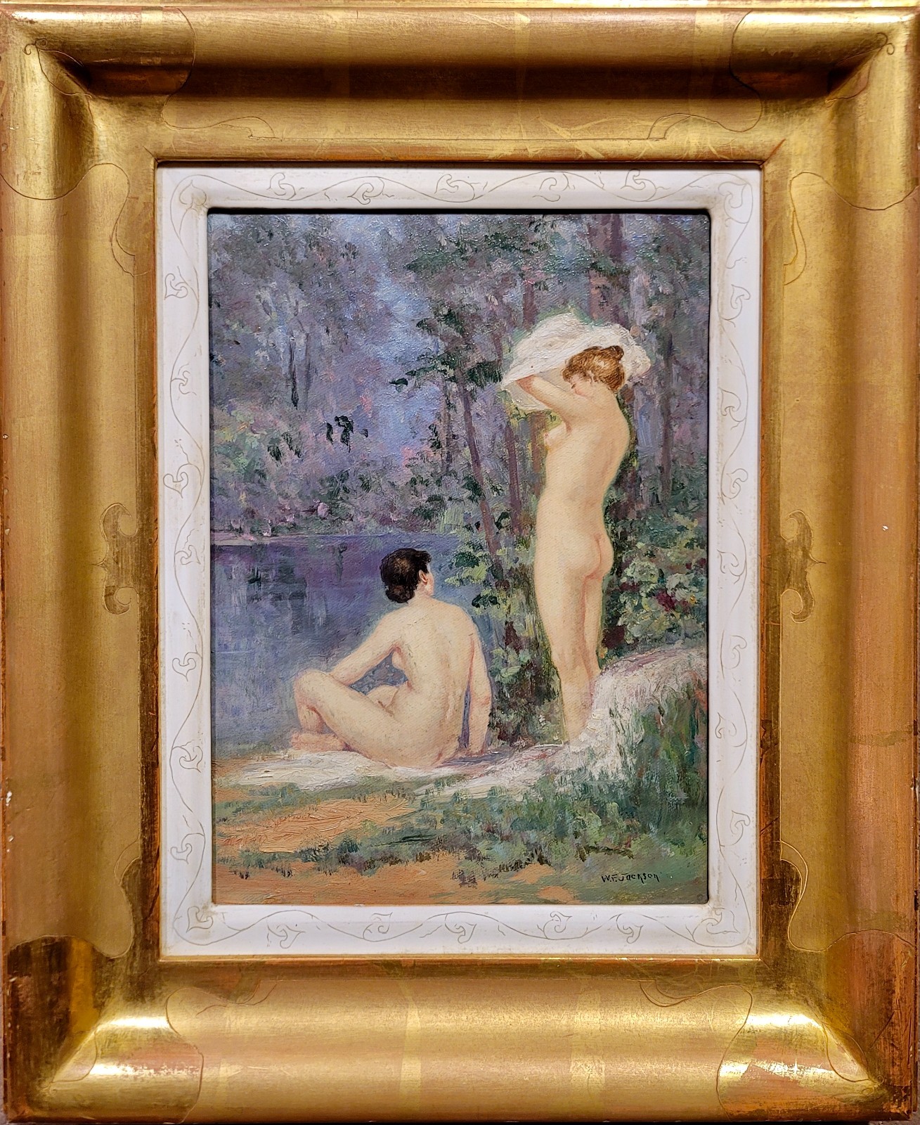 William Franklin Jackson -Female Bathers in a Wooded Lake -Oil painting
