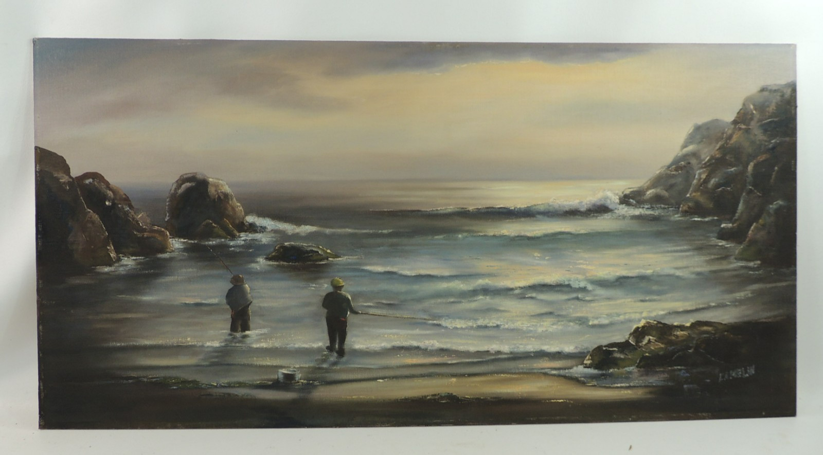Two People Surf Fishing On Rocky Coastline Coastal Seascape Original Painting