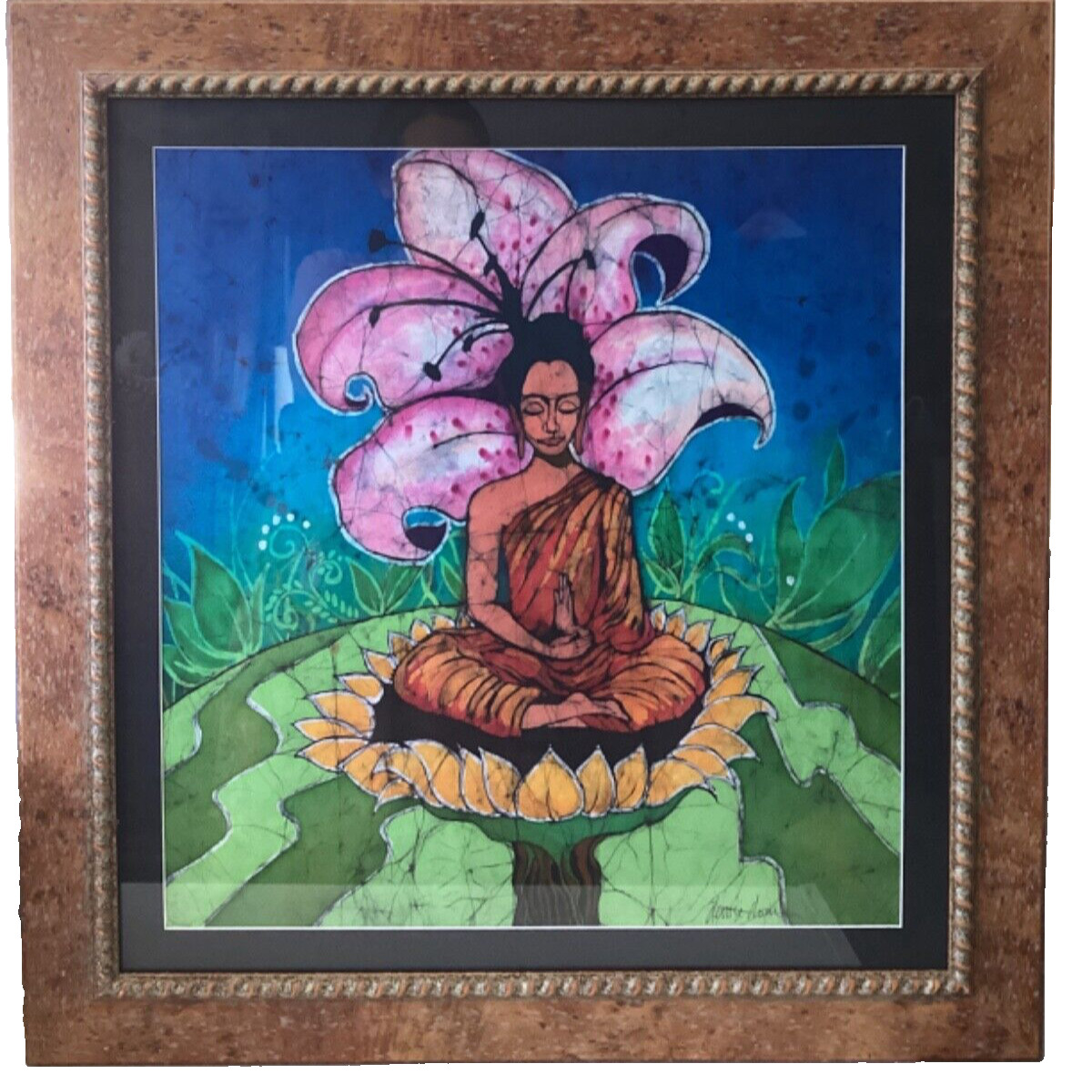 Meditation Zen Yoga”Breathe”Folk Art Watercolor Painting Signed Denise Dom Frame