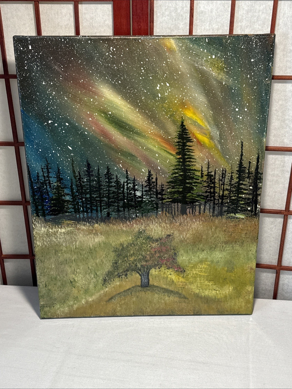 acrylic painting on canvas original artist Northern Lights Aurora Borealis Tree