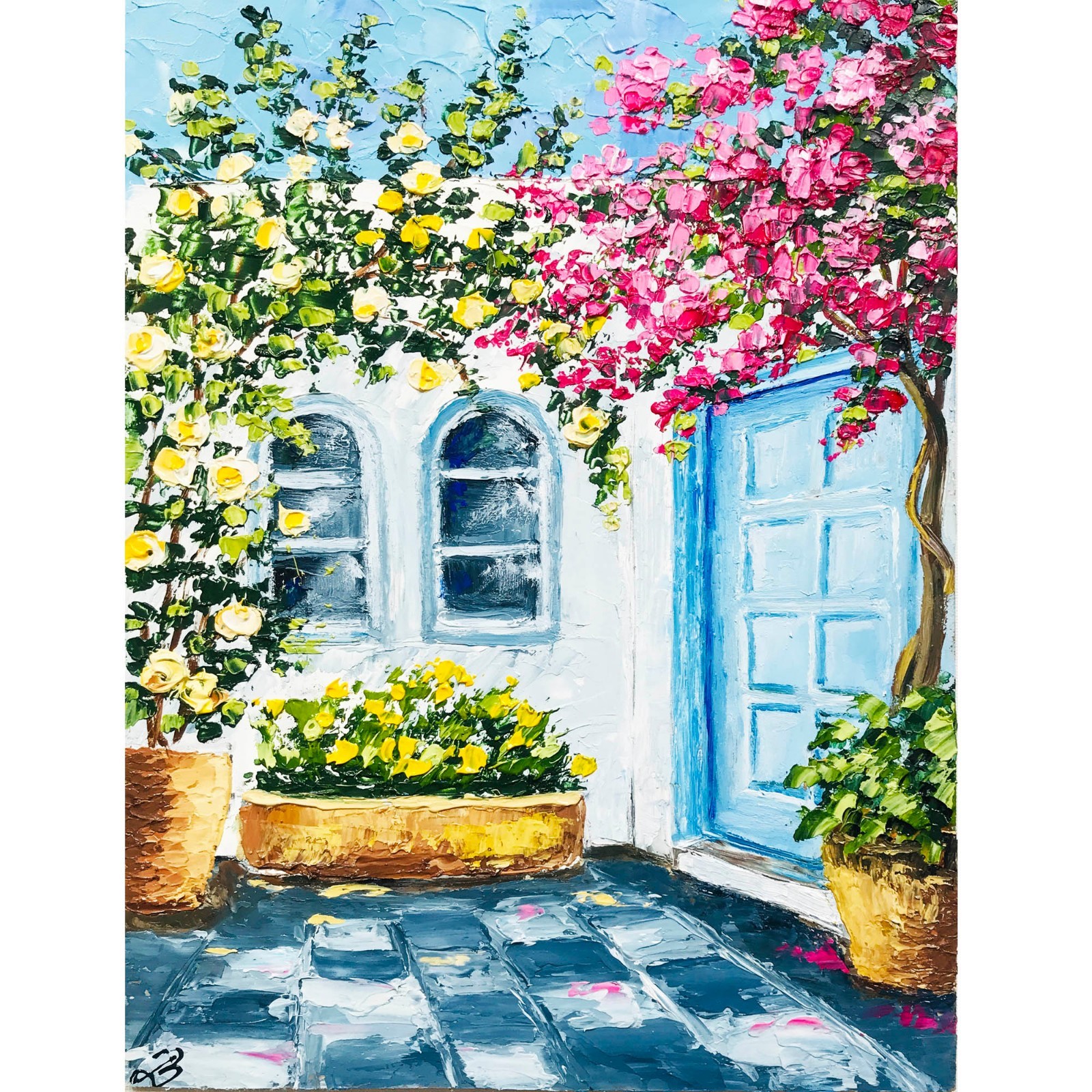 Oil Impasto Painting Mediterranean Cityscape Italy Wall Art Bougainvillea 9 x 7″