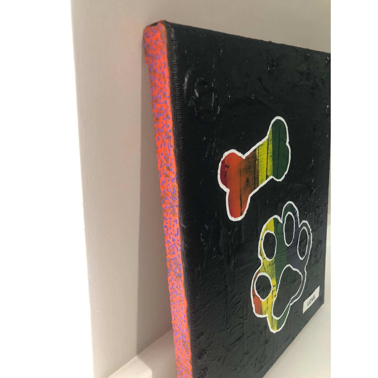 Handmade Acrylic Painting Canvas Puppy Doggy Love Black Rainbow 10″x8″x.75″ Art
