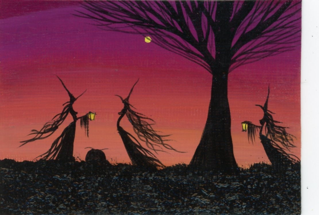 ACEO Original Acrylic Halloween Fun Merry Whimsy Witches Mini Fantasy Art HYMES