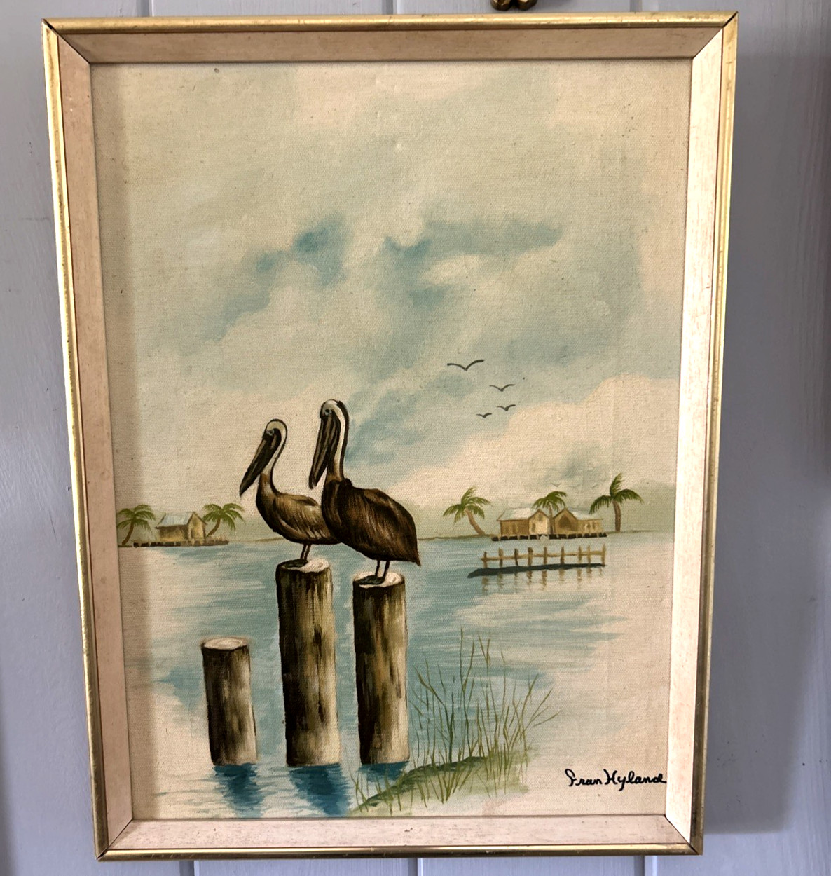 Vintage Art Pelicans Original Work Signed Fran Hyland Framed 17″ x 13″ Nautical