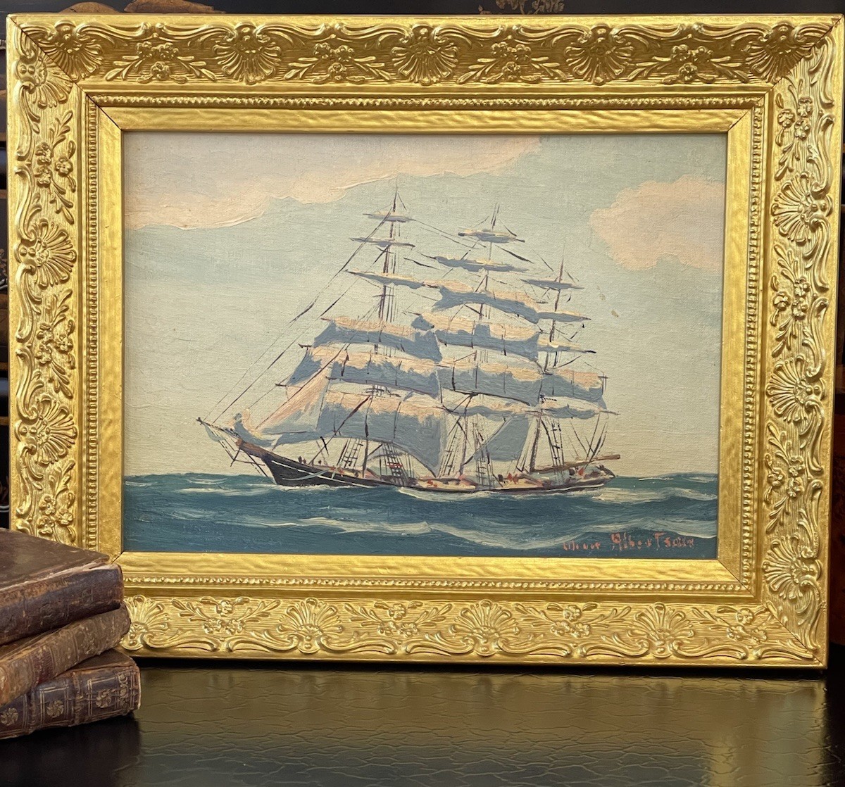 Antique Artist Signed Clipper Ship Maritime Seascape Oil Painting American c1925