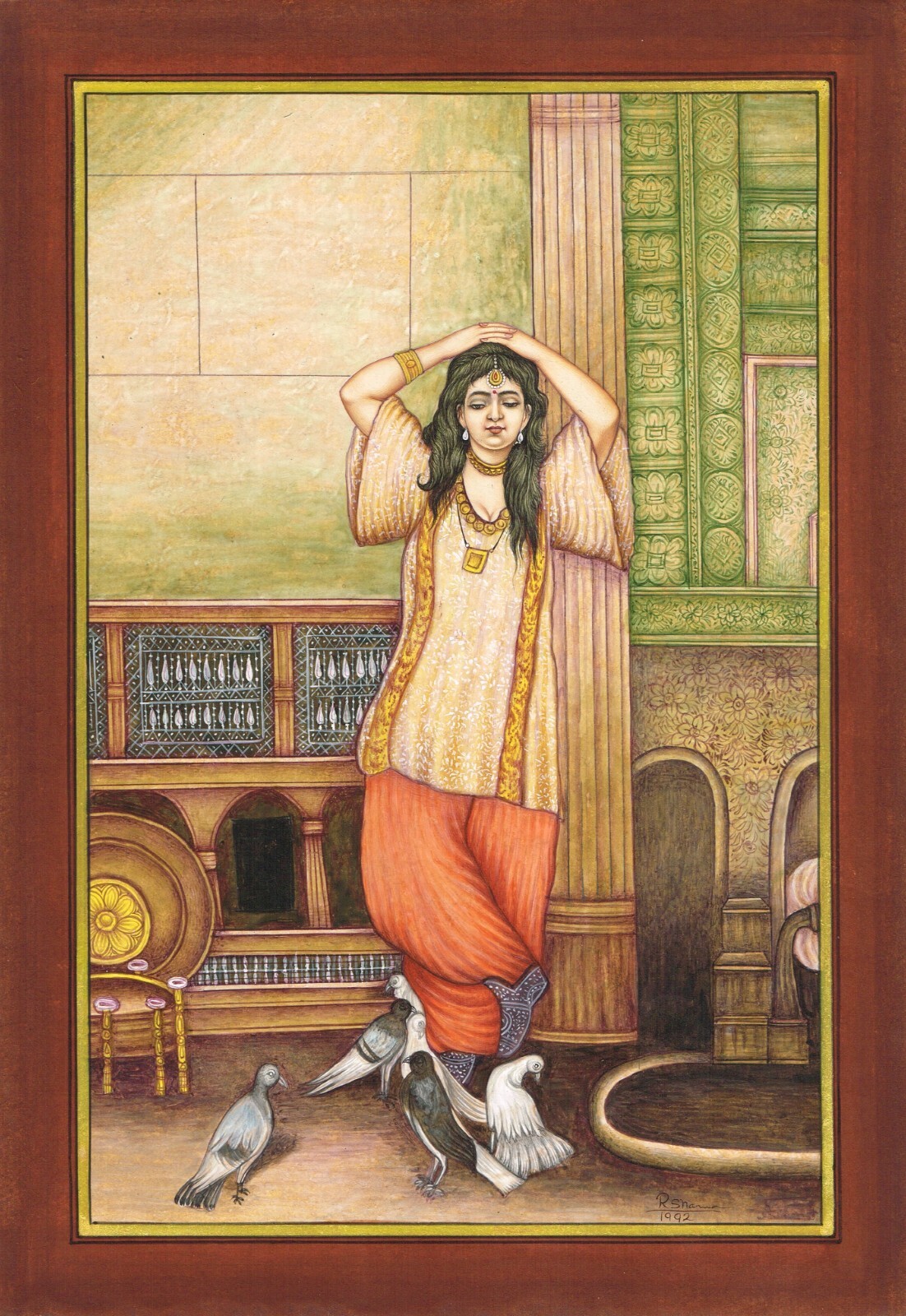 Persian Painting A Persian Beauty With Pigeons Birds On Paper 9.5×13.5 Inches