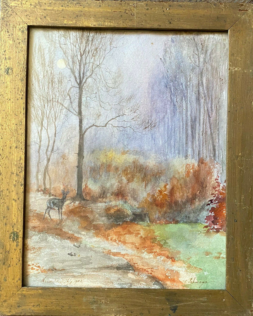 WATERCOLOR SIGNED.C.SCHWAGER 1902 AUTUMN LIGHTS FOREST GLADE WITH DEER FRAMED