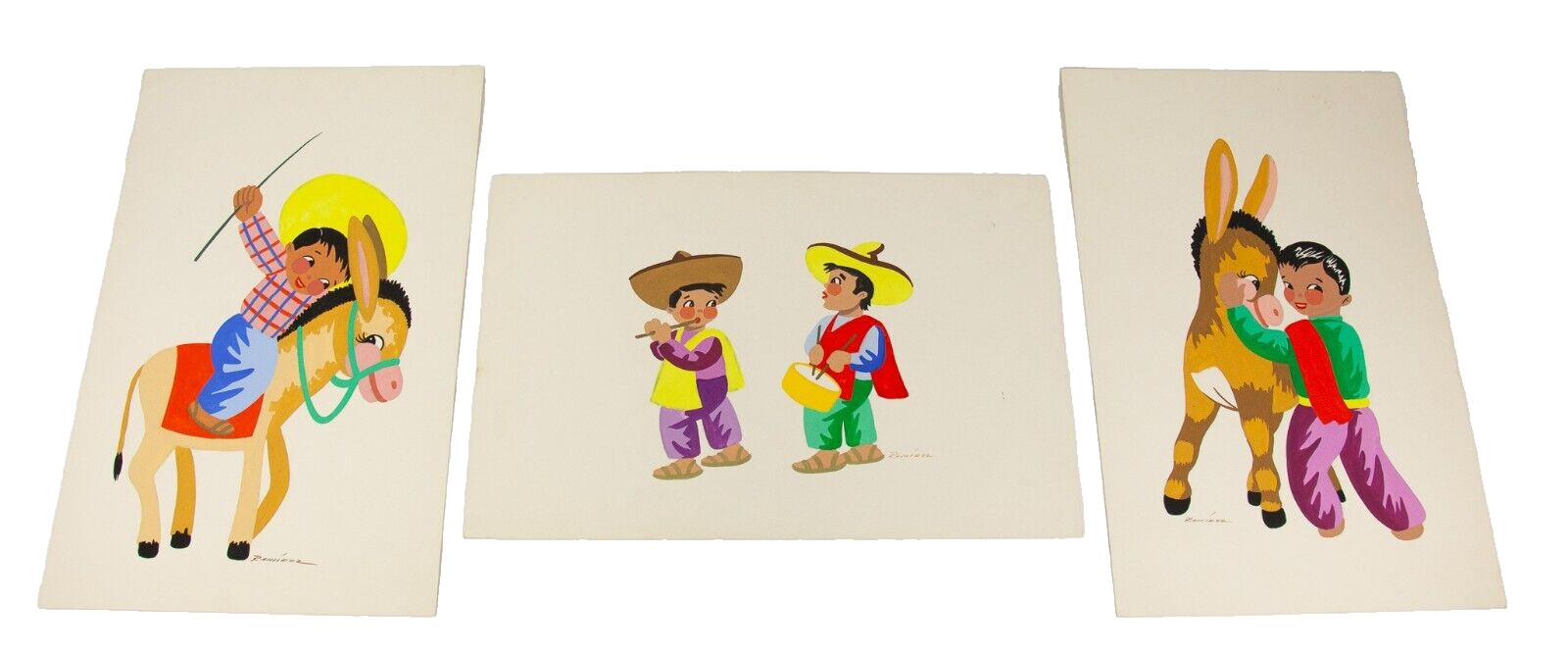 Set of 3 paintings Mexican style Caricatures of Children and Donkey at Play