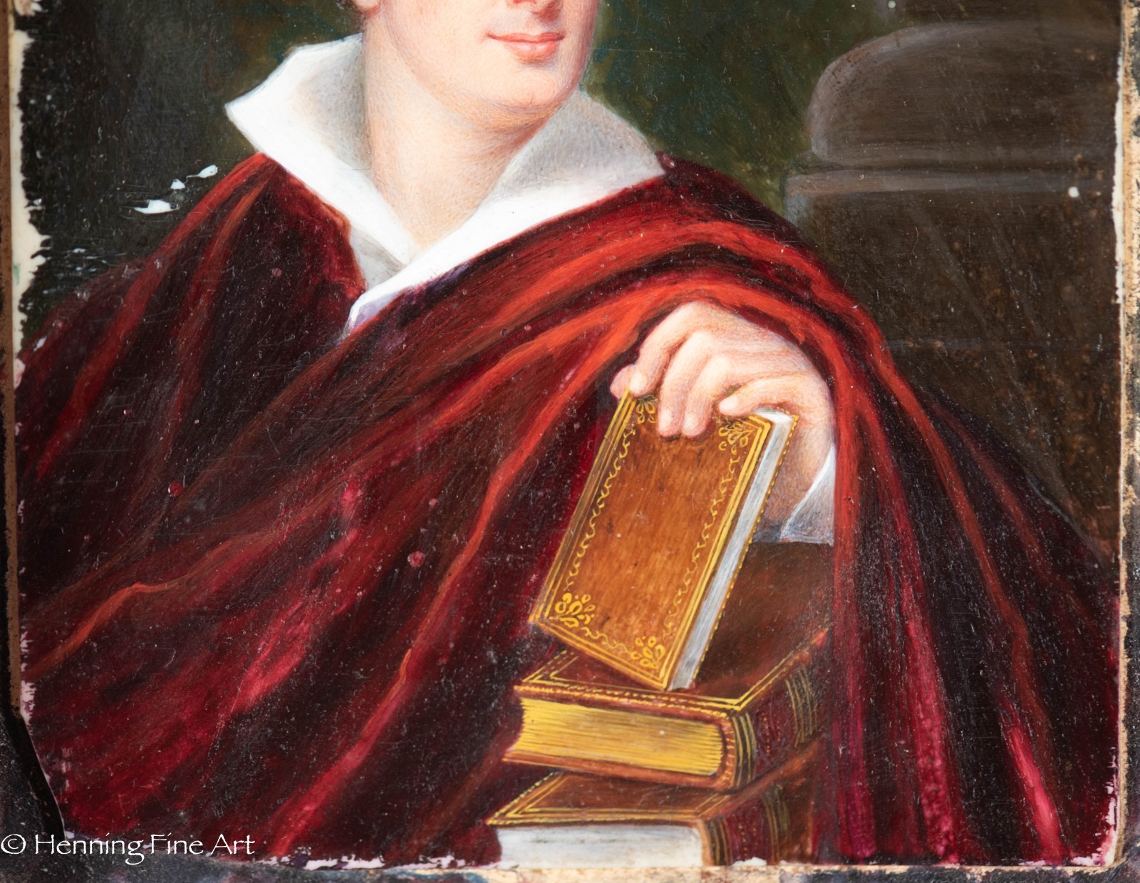 Exceptional Antique Miniature Portrait Painting – Lord Byron in Custom Book Case