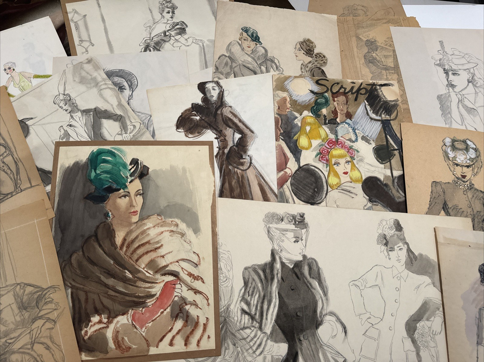 ANTIQUE PAINTING COLLECTION WOMEN WOMAN FASHION DESIGN ILLUSTRATION PARIS 1930’S