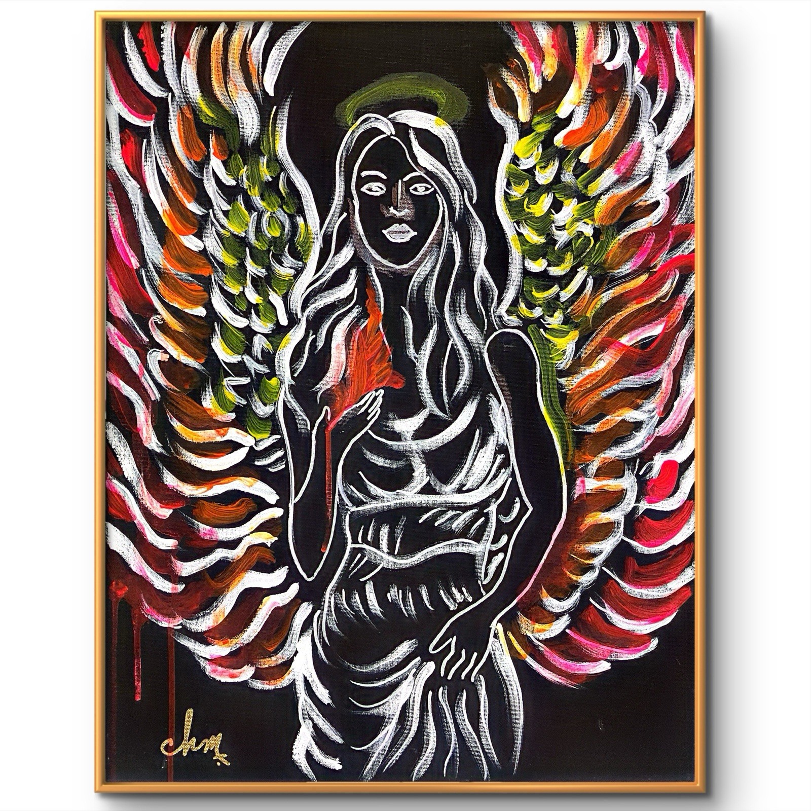 16 X 20 “Guardian Angel” Expressionism Colorful Abstract Art On Black Canvas