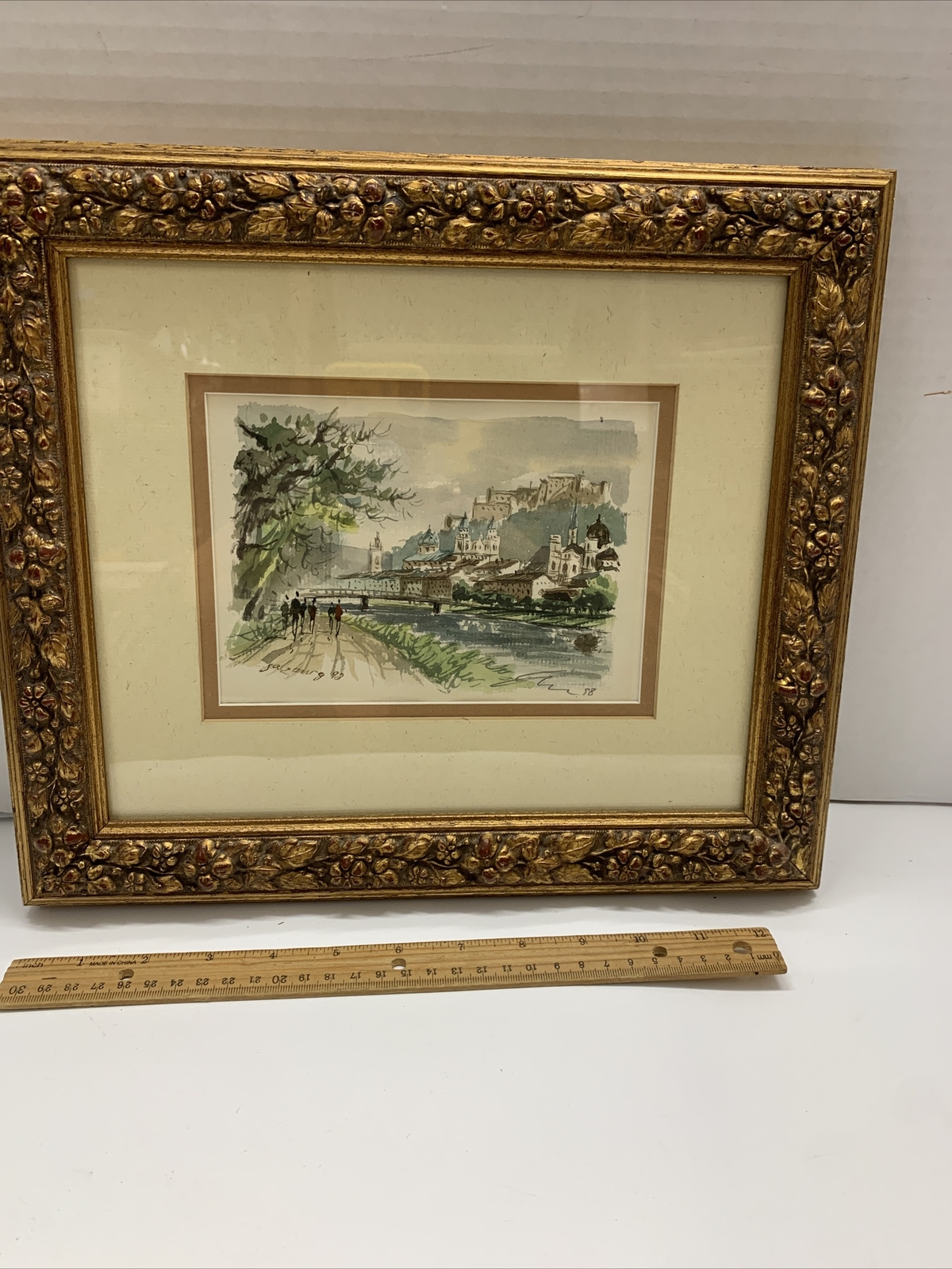 Saltzburg Marina Painting Harbor Watercolor Art Matted Framed 14×12” Germany