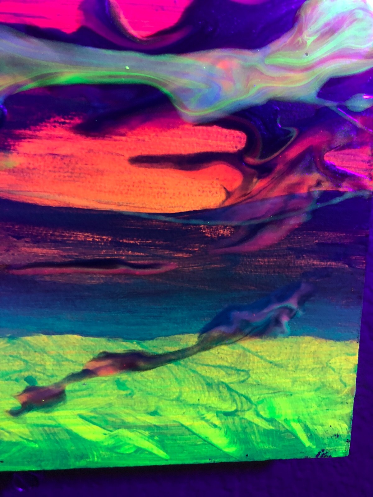 Fluorescent Clouds 2 – Neon Acrylic and Oil Paint on Wood Panel Painting