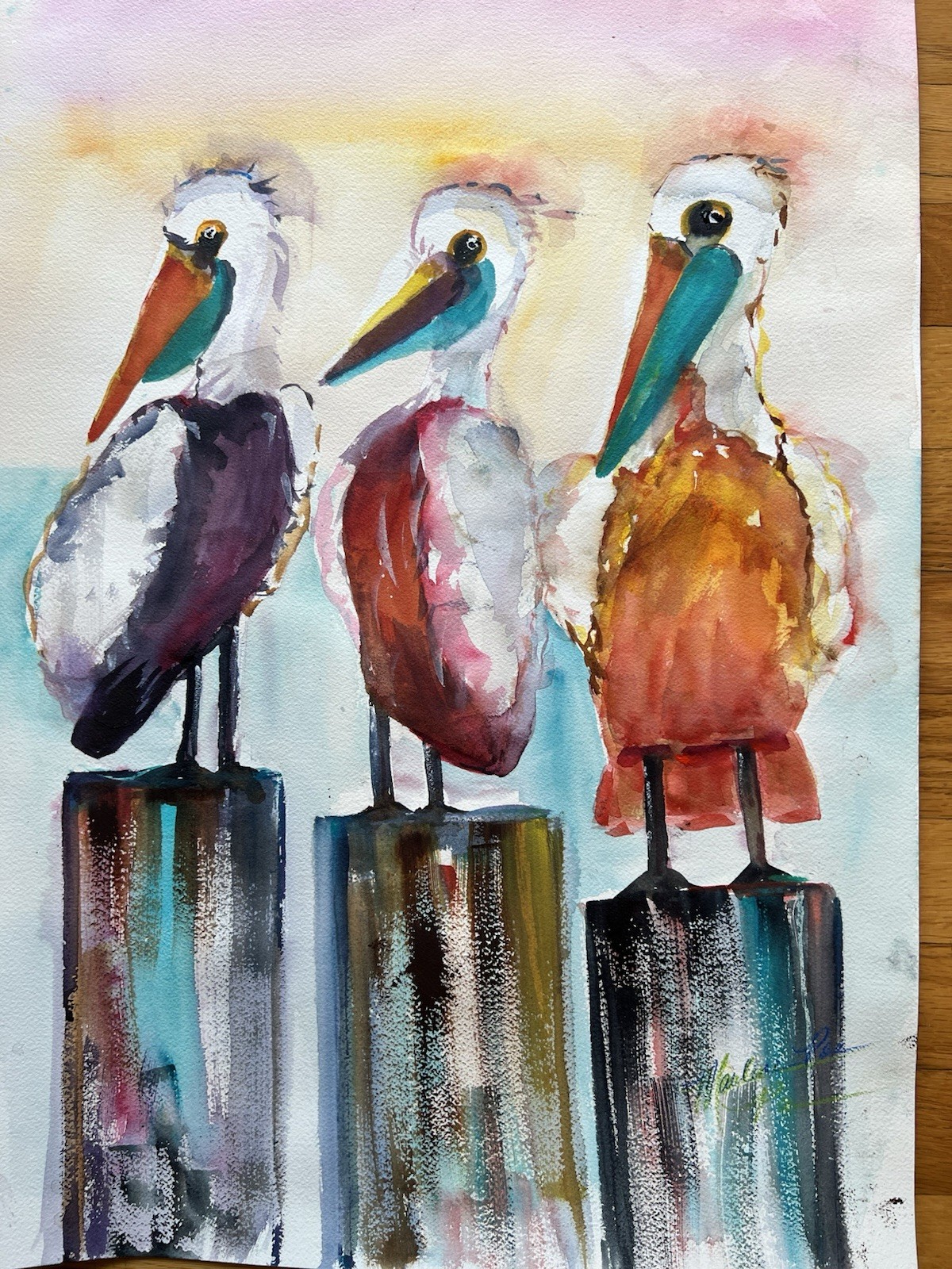Orig Watercolor Painting 18×24 Abstract Nature Birds OOAK Unframed