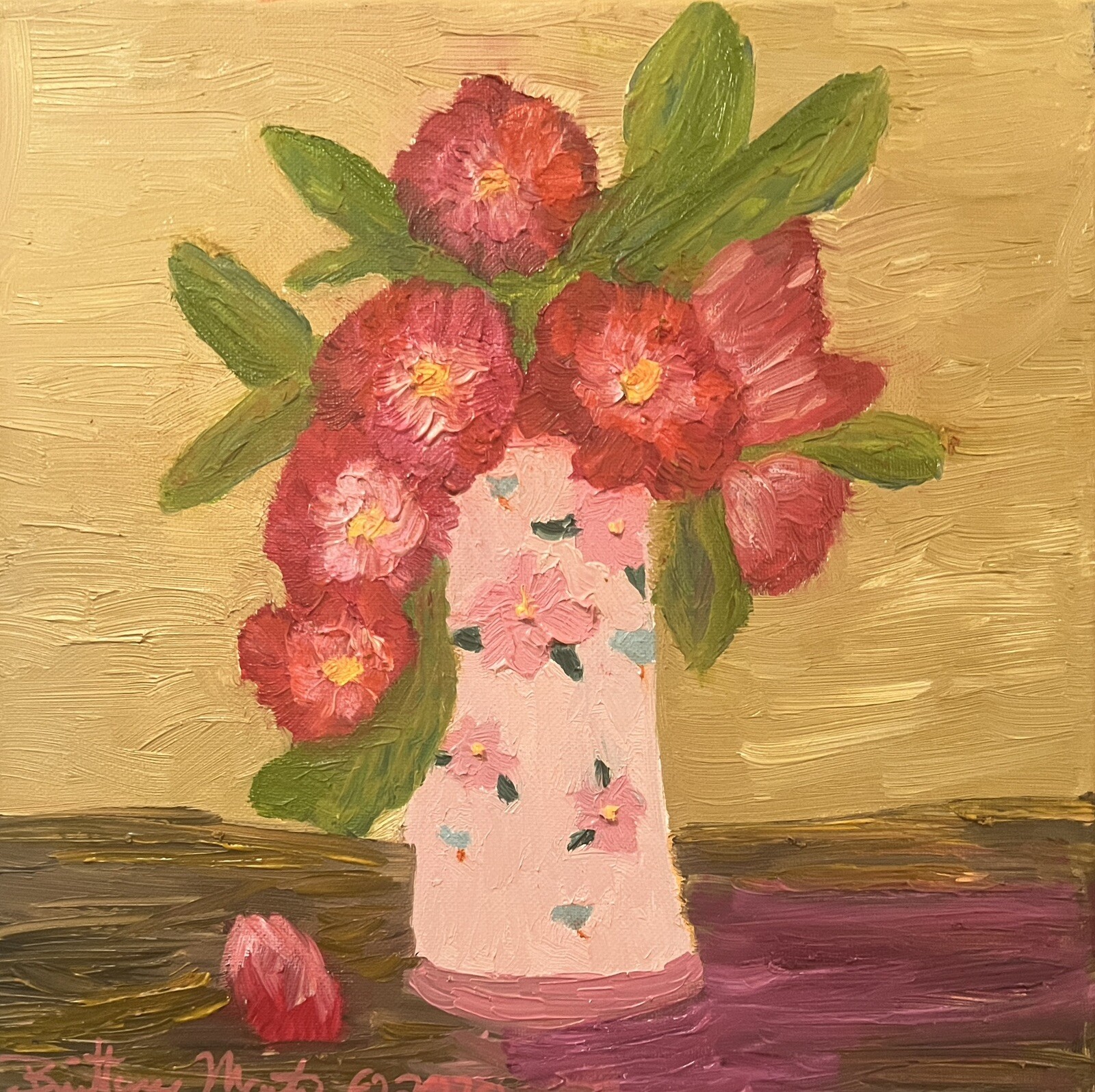 Original 12×12 Oil Painting by Brittony Martin “FLOWERS IN GRANDMAS VASE IN PINK