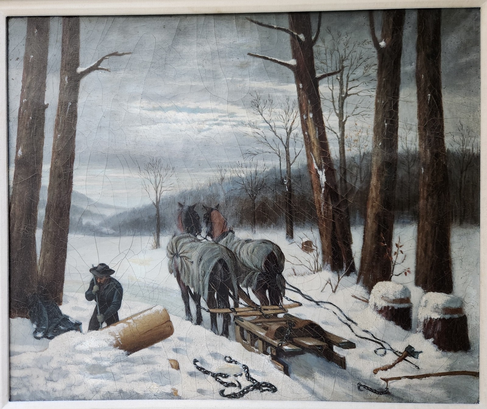 Antique Oil on Canvas Painting 19th Century “The timber Wagon in Winter”