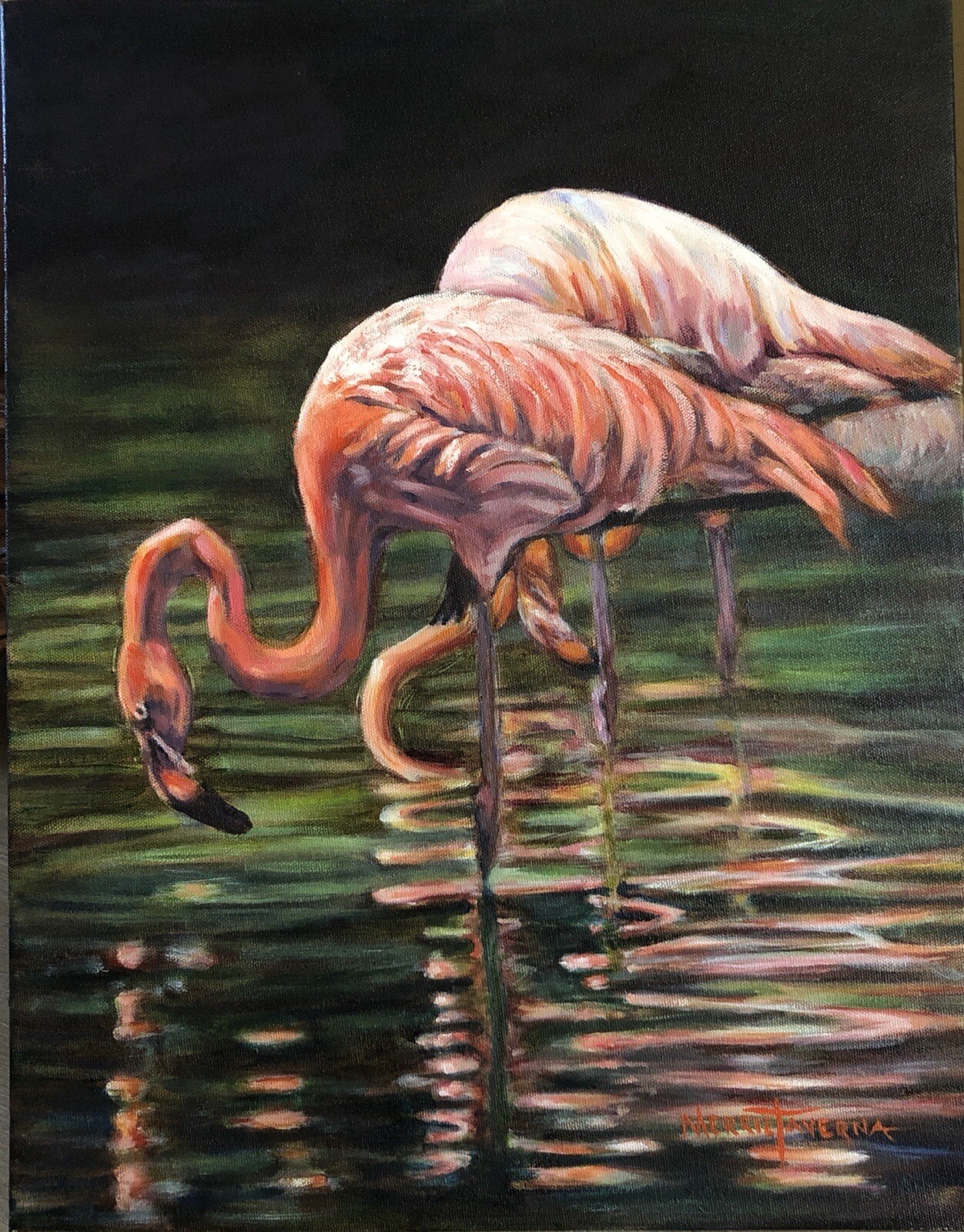 SPRING SALE * ORIGINAL OIL Painting Flamingo Birds Reflections Room Decor