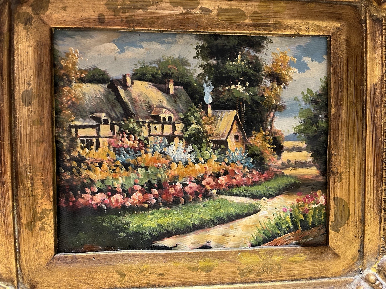 Vintage Oil Painting On Board Ornate Heavy Gold Frame English Cottage