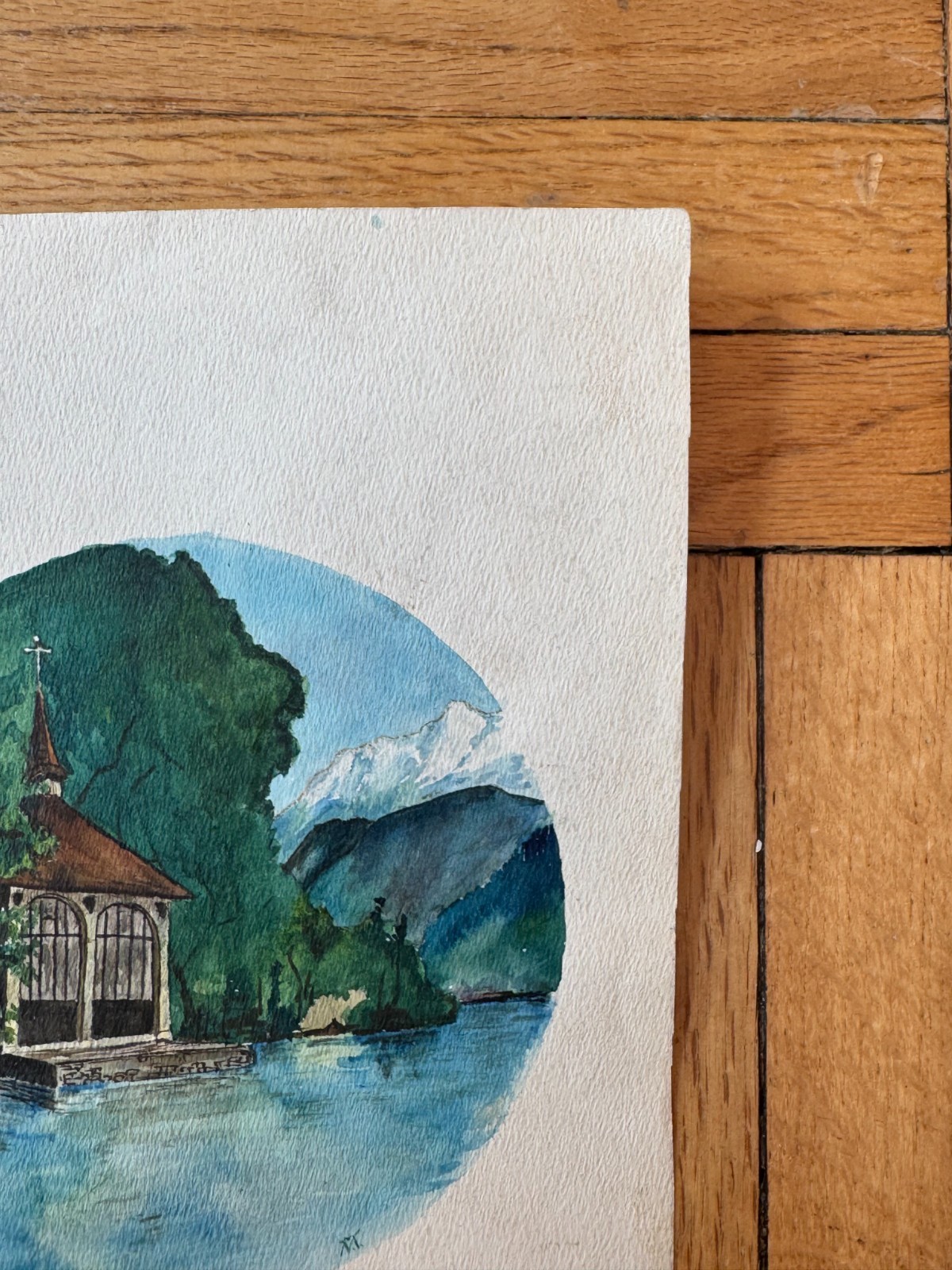 Antique 19th Cent Swiss Landscape Watercolor Painting Tellskapelle OOAK 6.5×9.5