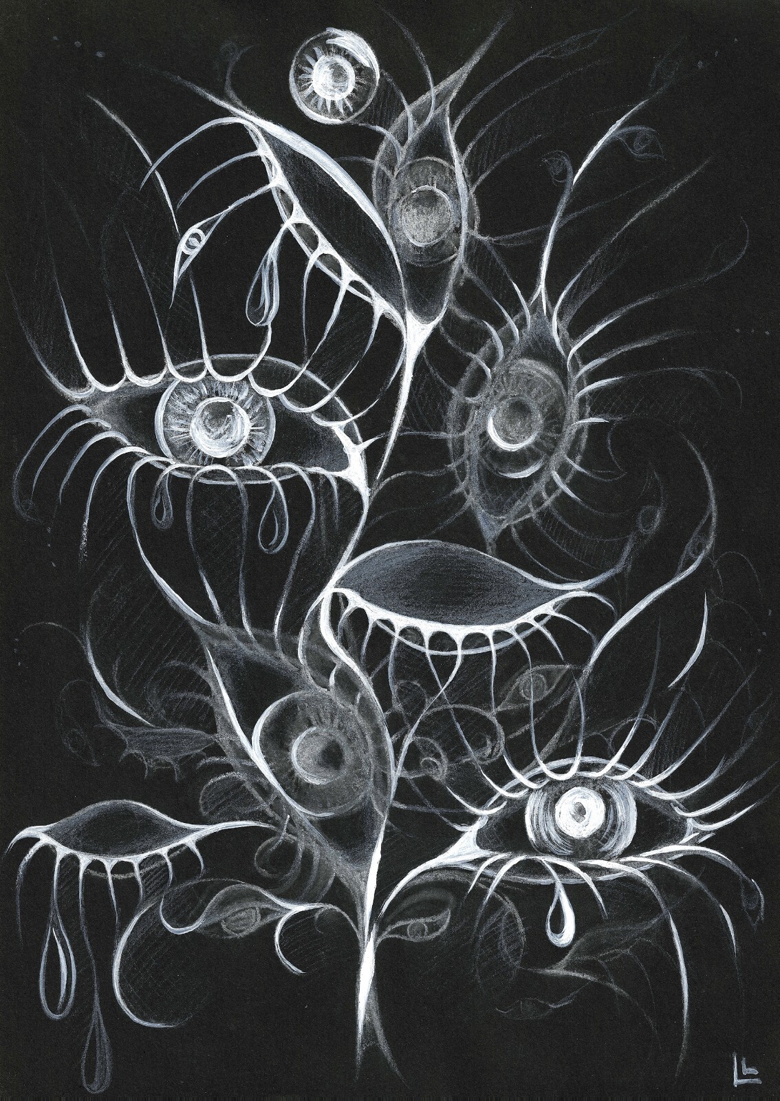 Surreal art work with eyes, Painting black white graphics drawing eye wall decor