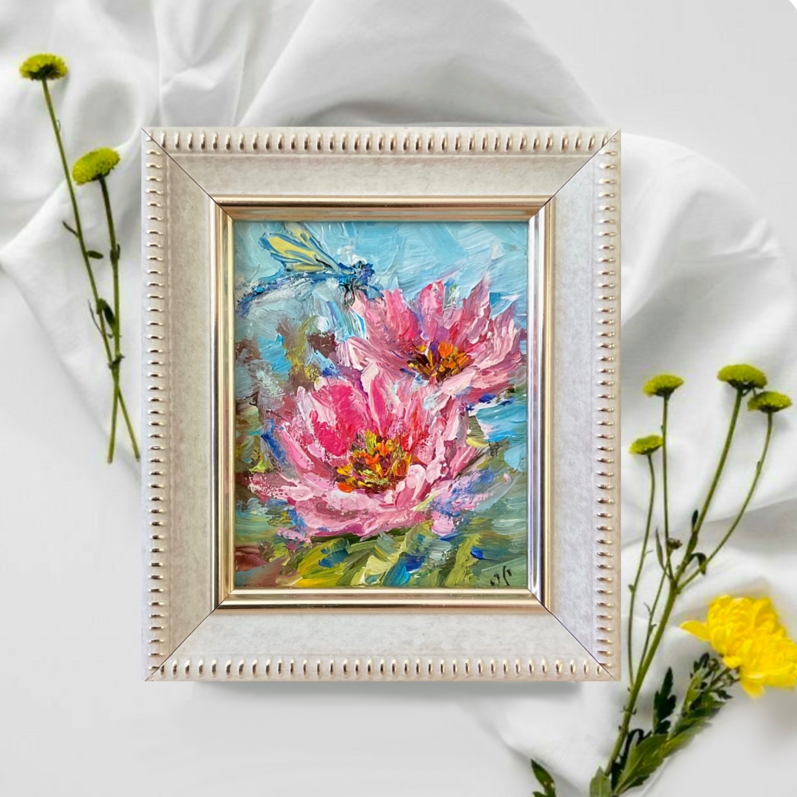 Pink Lotus Original Oil Painting Flowers Impasto Mini Art 3×2.7inch Signed