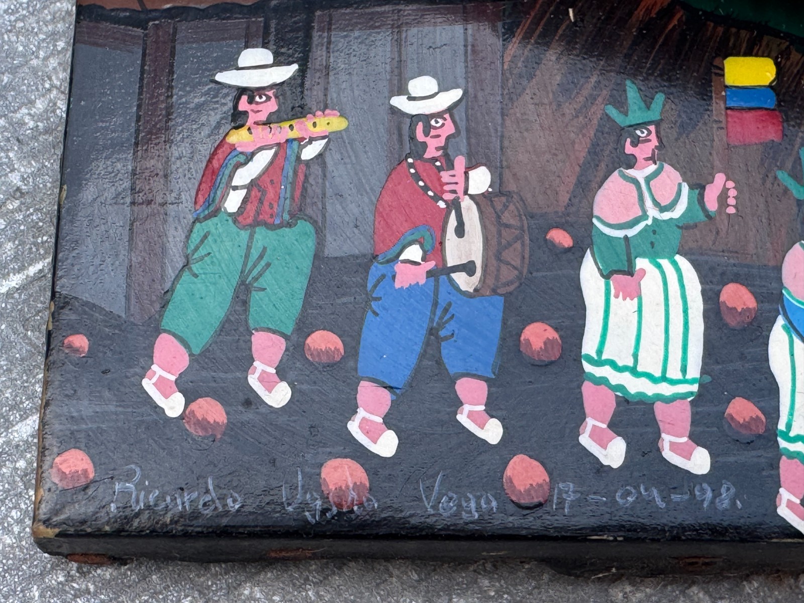 2 ALBERTO RICARDO VEGA ORIGINAL TIGUA PAINTING PERU PERUVIAN FOLK ART ON LEATHER