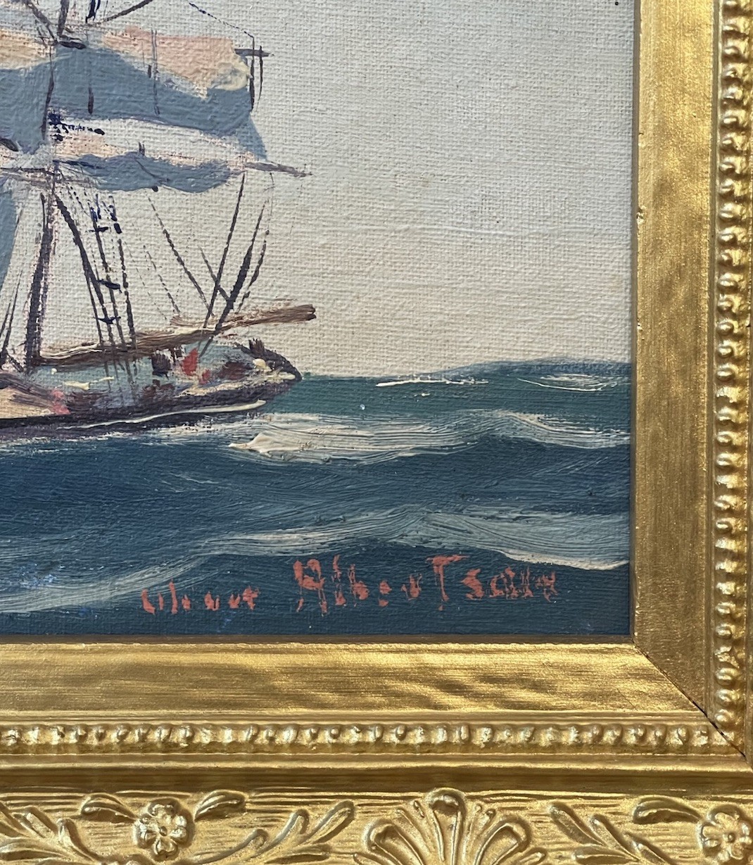 Antique Artist Signed Clipper Ship Maritime Seascape Oil Painting American c1925
