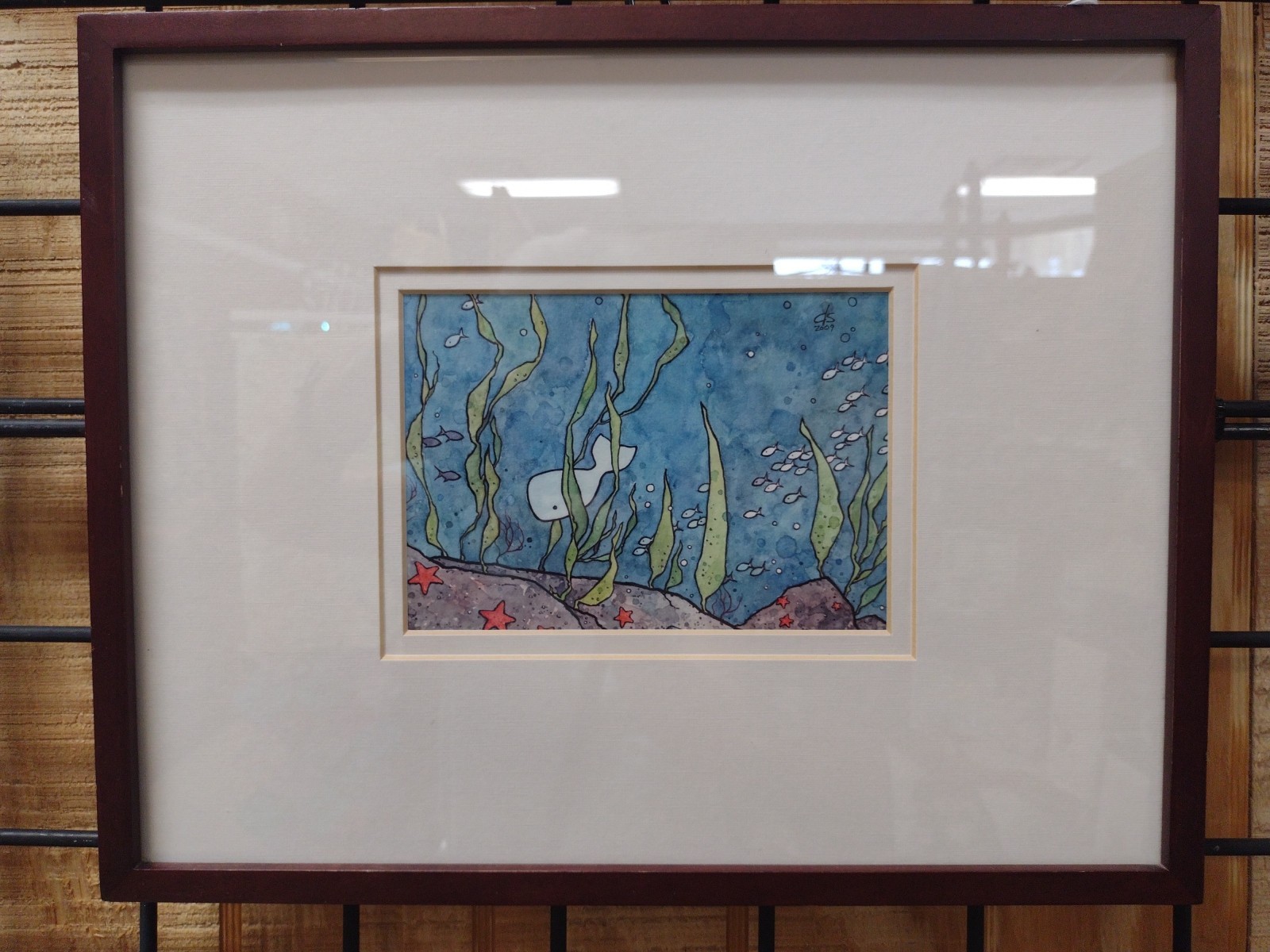 Double Matted Watercolor Undersea Scene – Wood Frame/Glass ~ 12″ x 15″ x 1″