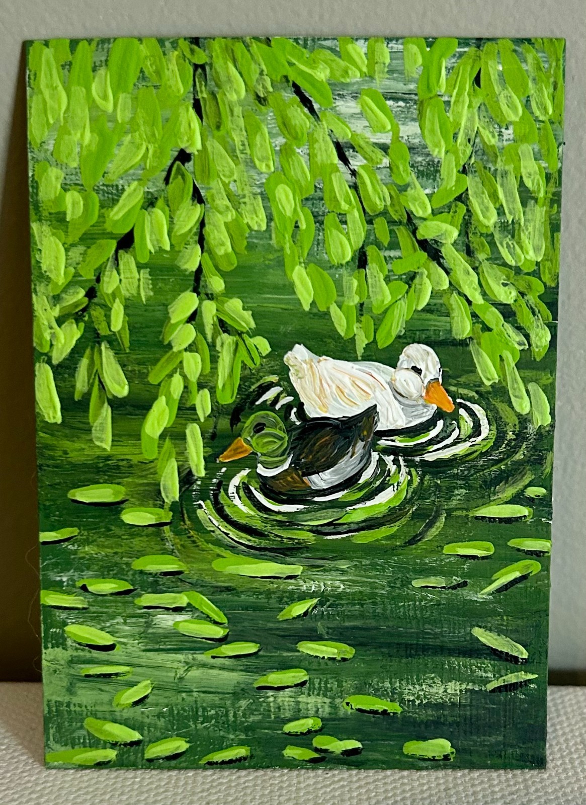 ACEO Original Acrylic Painting by Annelisek.art, Duck Mallard Pond, 2.5 X 3.5in