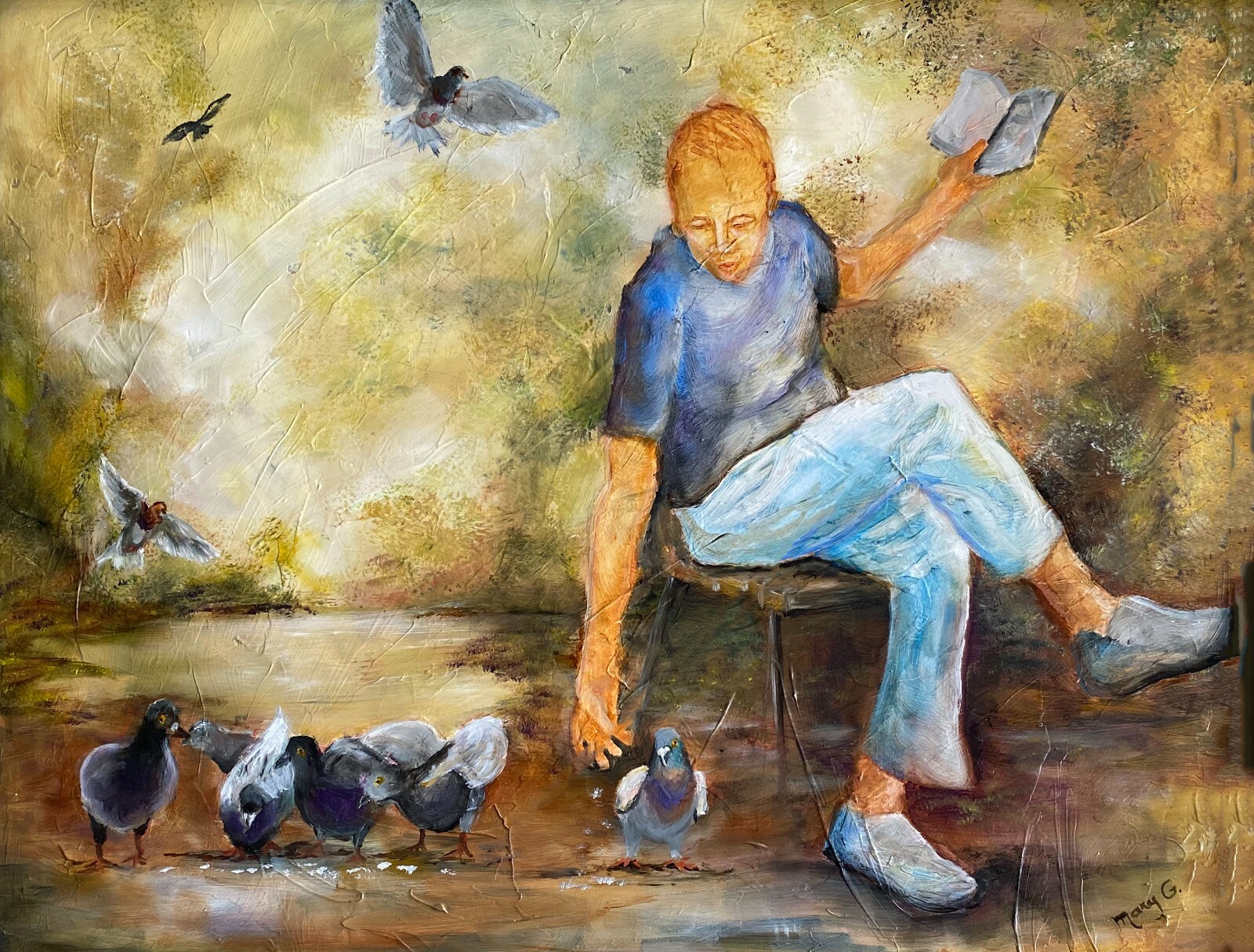 Feeding Pigeons Original Oil Painting on Gessoed Masonite Framed 12×16 by artist