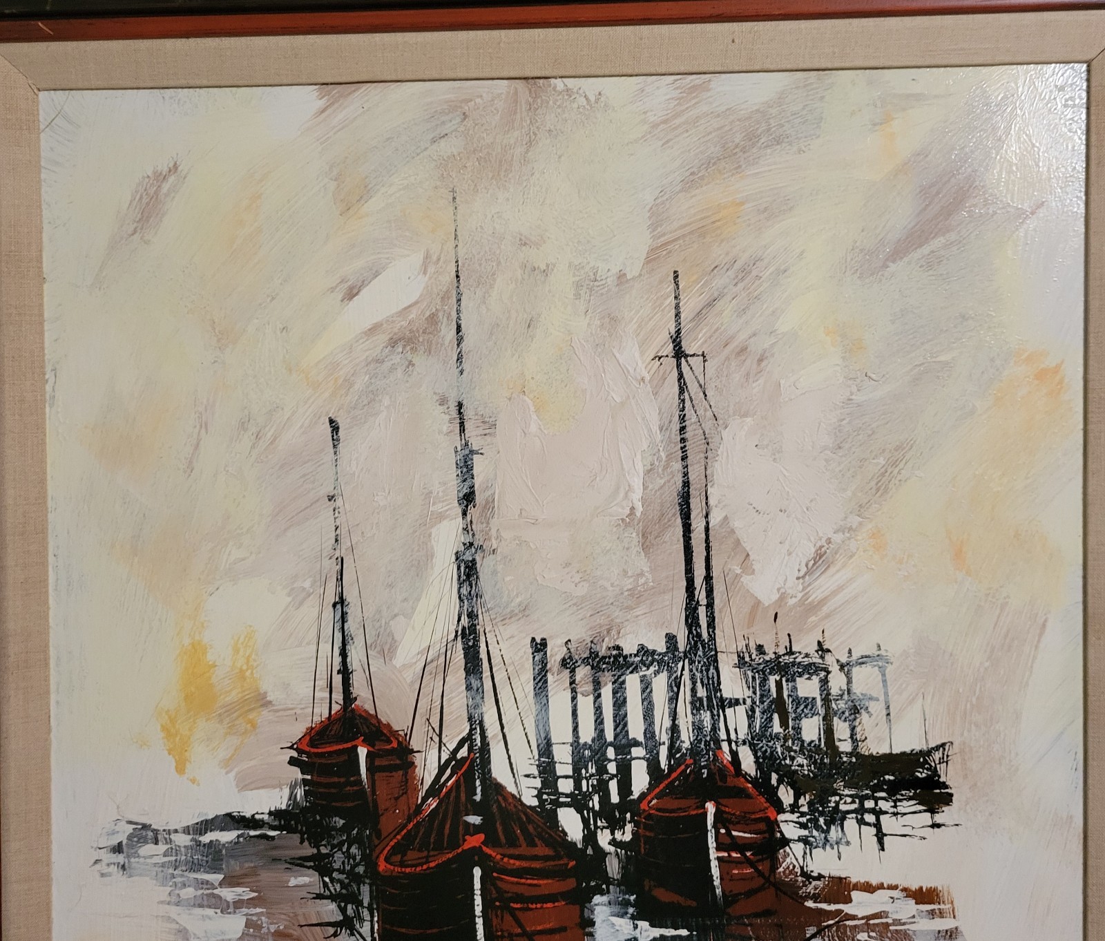 Vanguard Studios Nautical Ship Drip Oil Painting Signed Stuart Vintage MCM 1960s