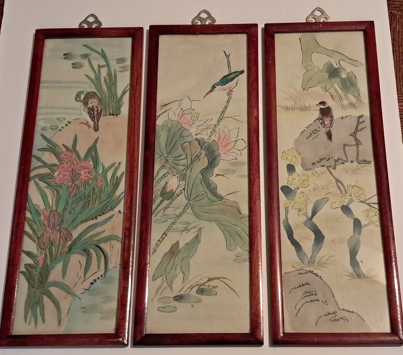 Three Vintage Asian Scenic Silk Framed Paintings Duck Bird China. Handpainted.
