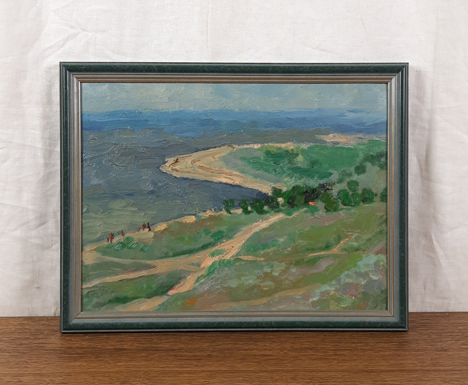 Original Seascape Oil Painting, Framed Green Hills Wall Art, Ukrainian Artist