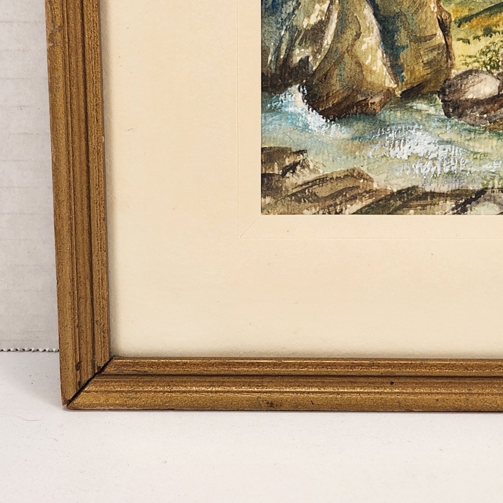 VTG Watercolor Art Landscape Rocky Riverbank Mountains Tree Nature Cottage 11″