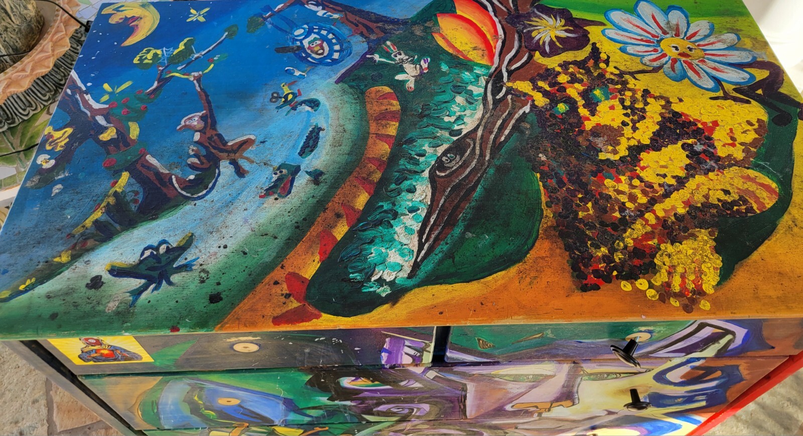 Hand Painted Artist Studio Crafts Chest Mural Graffiti Surreal Art Cubist Disney