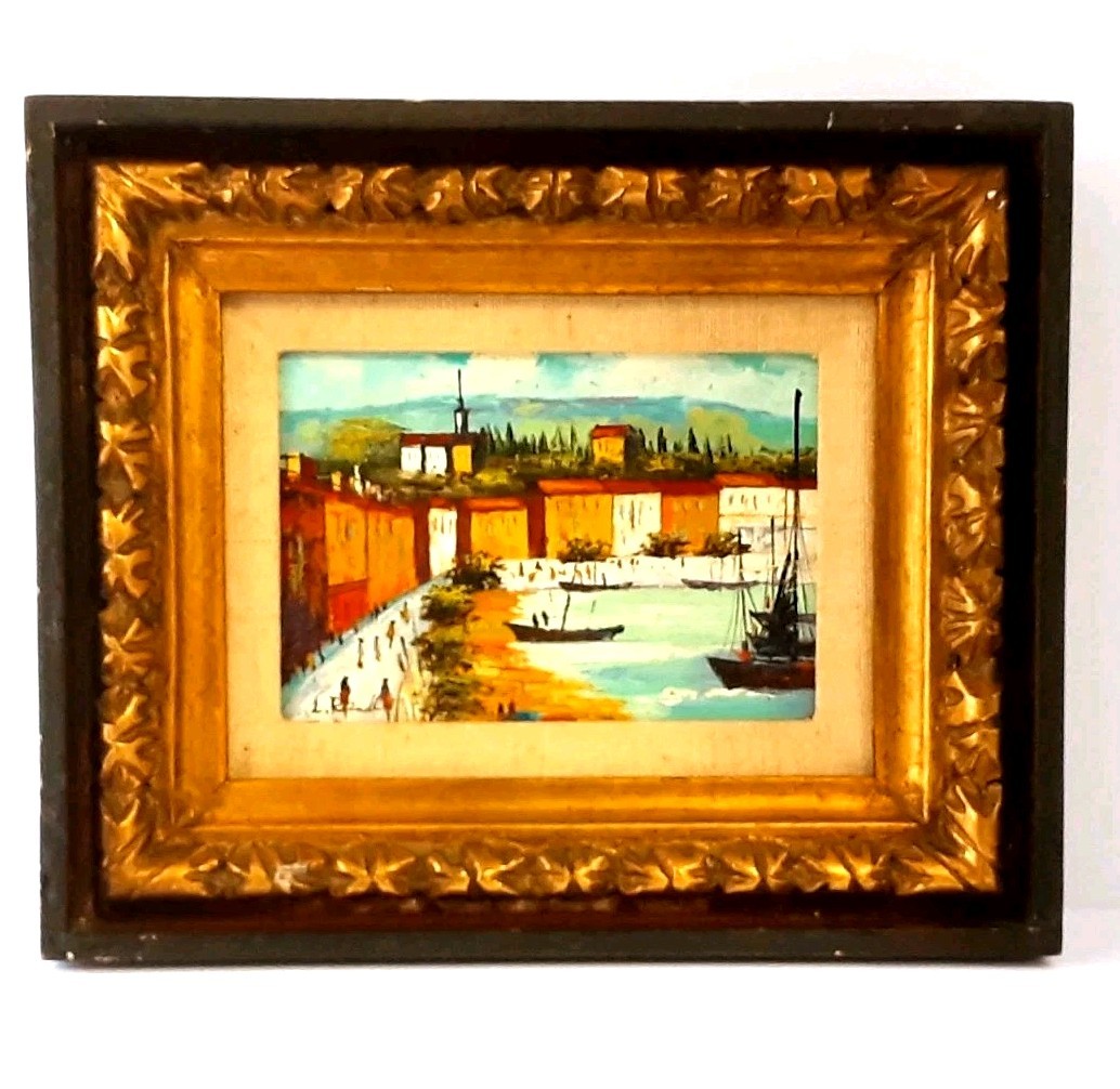 Original Oil On Board Painting Sea Shore Town Crafted Stiffel Frame 10×12 Signed