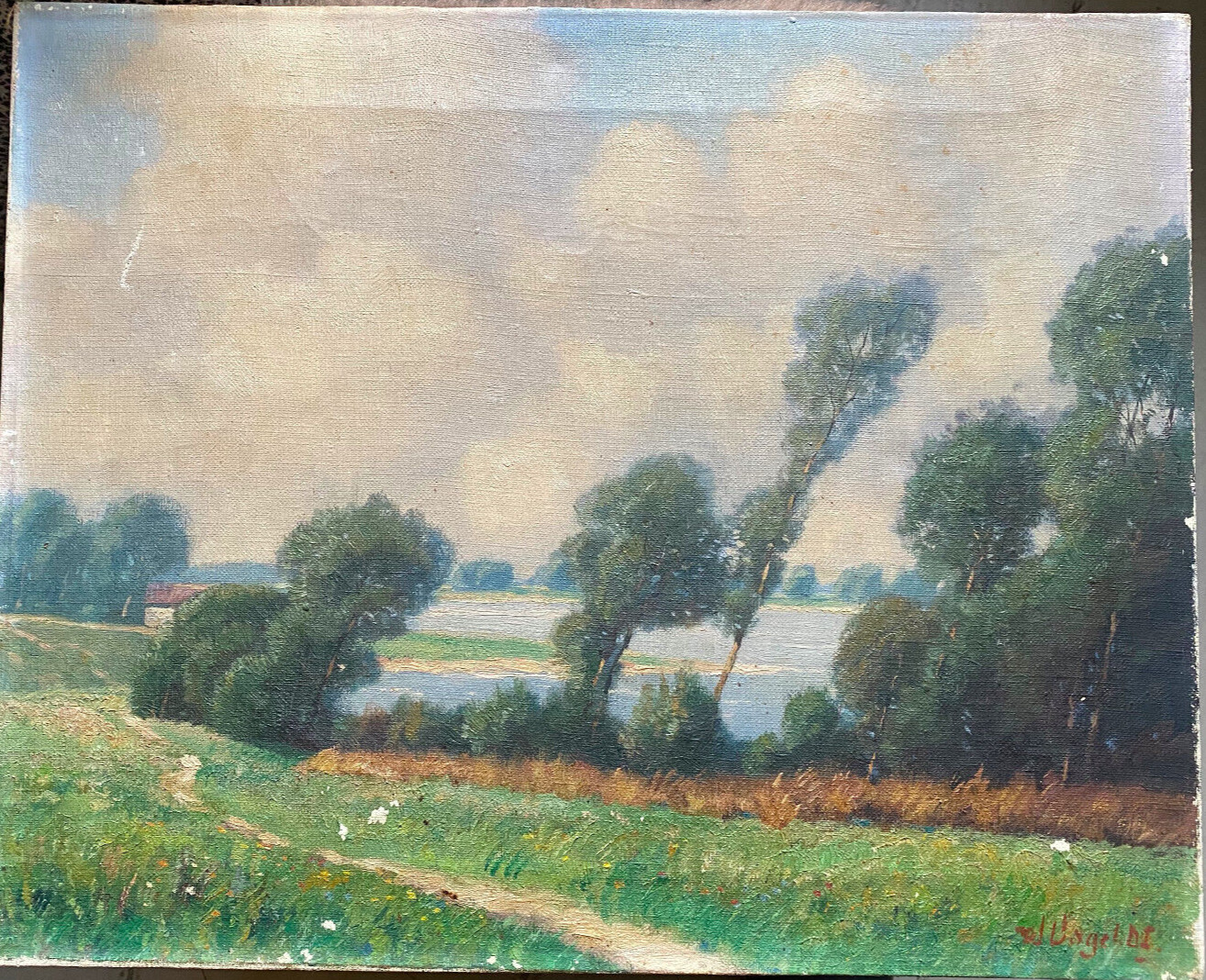 Werner Vogel 1889-1957 Oil Painting Riverside Landscape with Trees in Düsseldorf