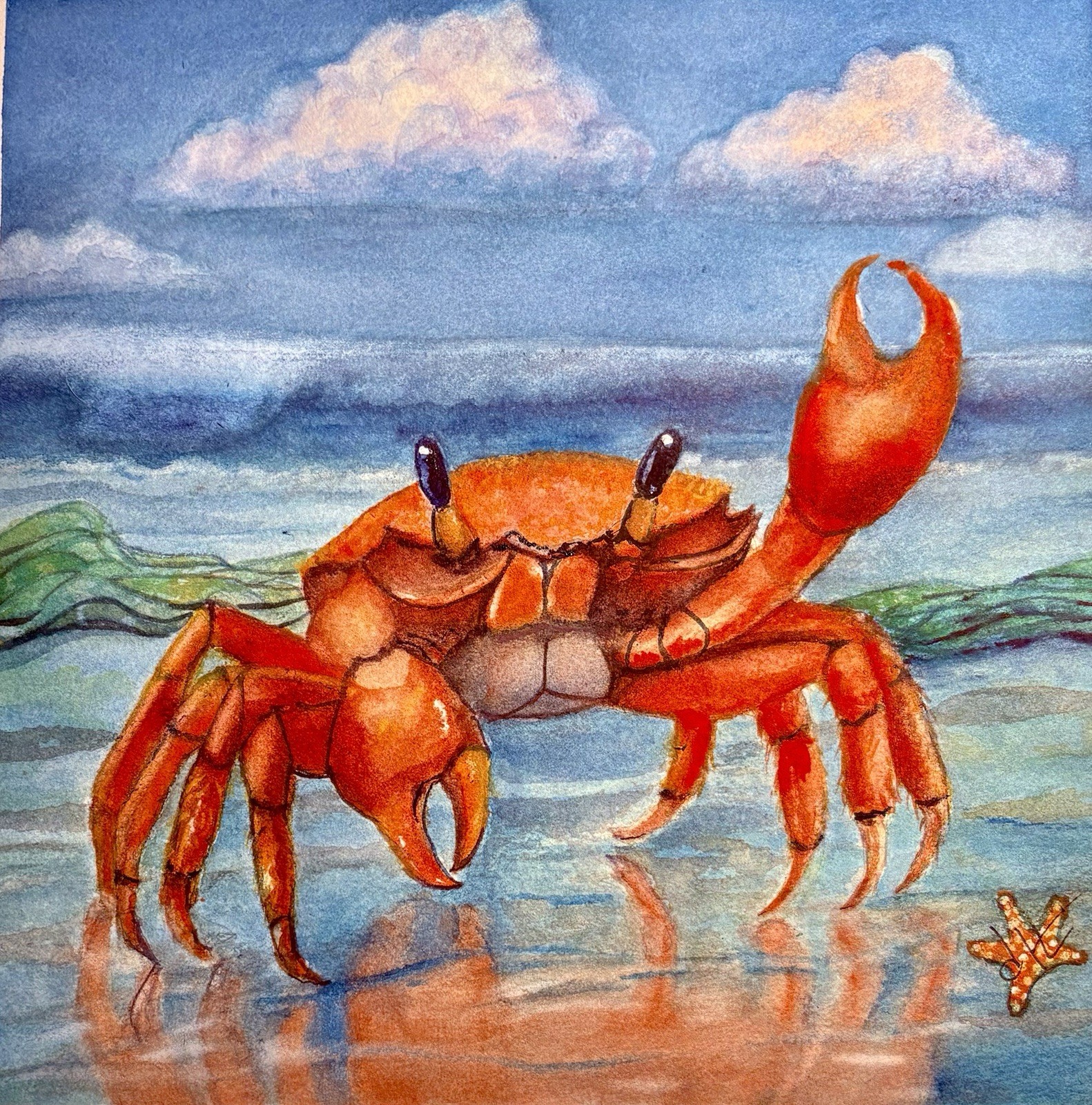 WATERCOLOR ORIGINAL 10×10 FUN Seascape Beach Coastal Wave Ocean Summer Animal