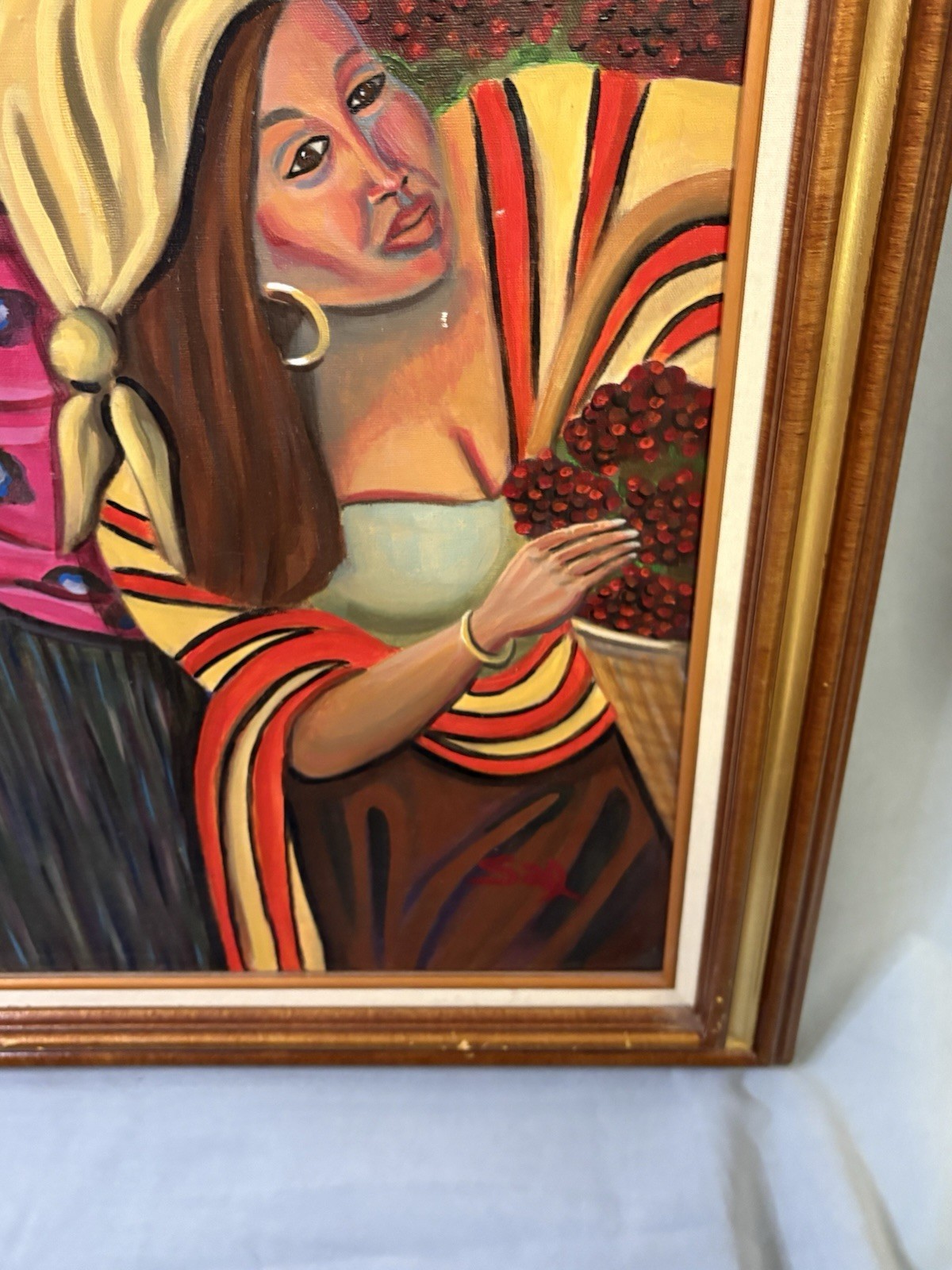 Market Harvest Women Colorful Textiles Gold Hoops Original Painting Signed Sal