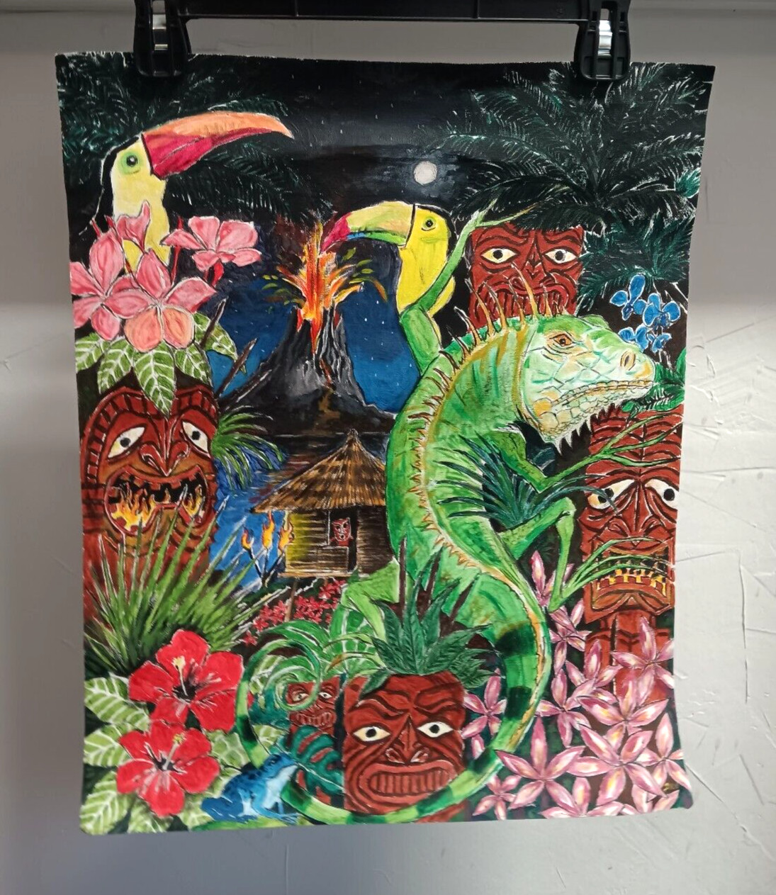 Tropical Tiki Original Canvas Art Toucan, Iguana, Volcano, Floral Design Vibrant