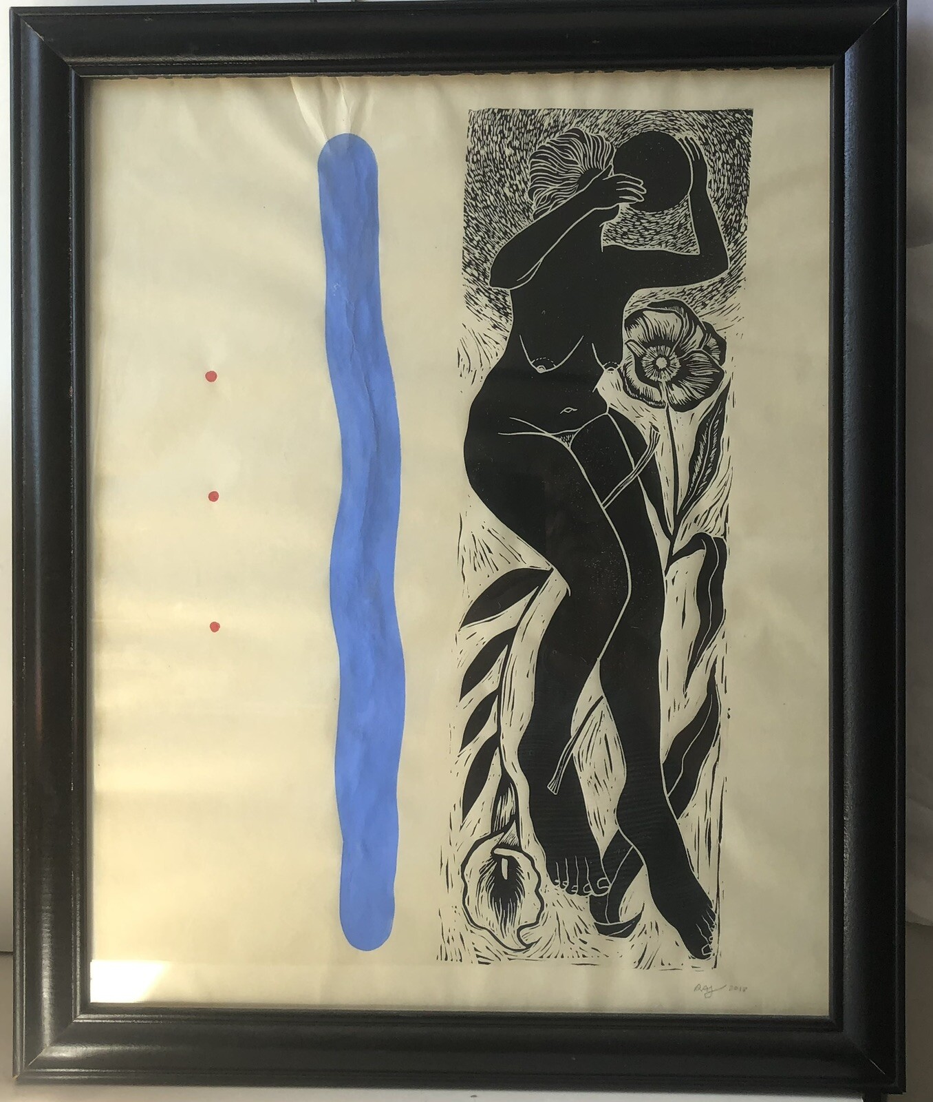 Original Art Linocut Print Of Nude Woman & Flowers Wall Hanging 18”x 22” Signed