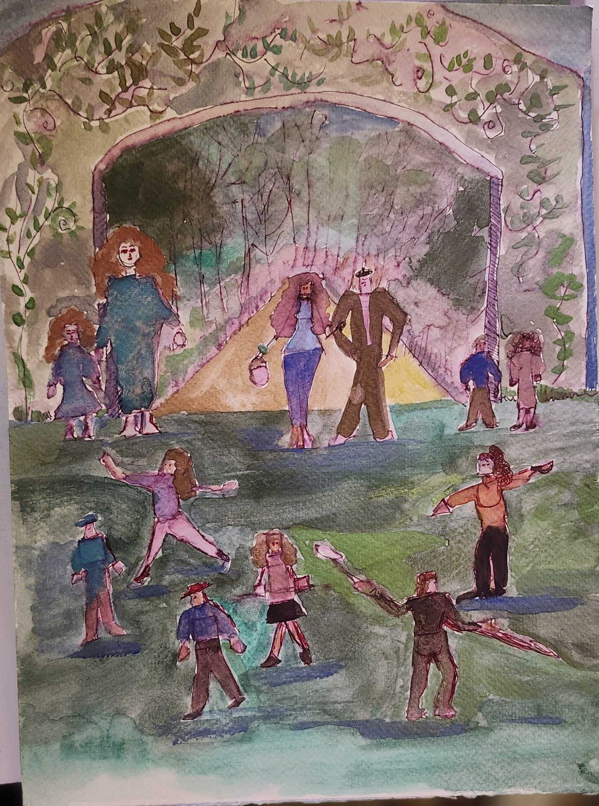 Saturday In The Park Abstract Expressionist Original Watercolor Painting 5×7