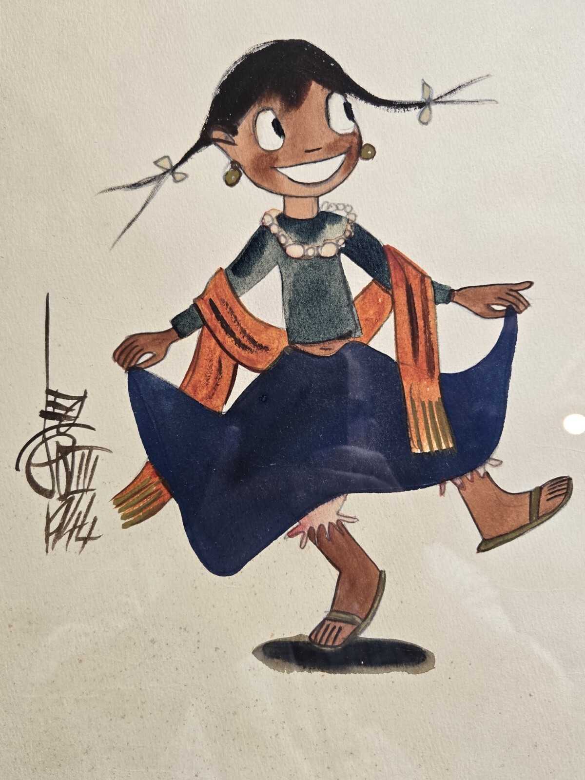 RARE ORIGINAL 1944 LEO POLITI SIGNED WATER COLOR DANCING GIRL 13″ by 15″ FRAMED