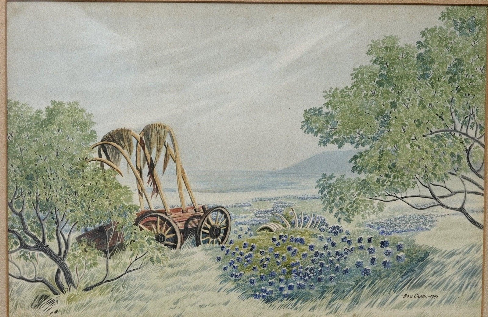 1941 Bob Crabb Texas Hill country Bluebonnet Landscape Watercolor