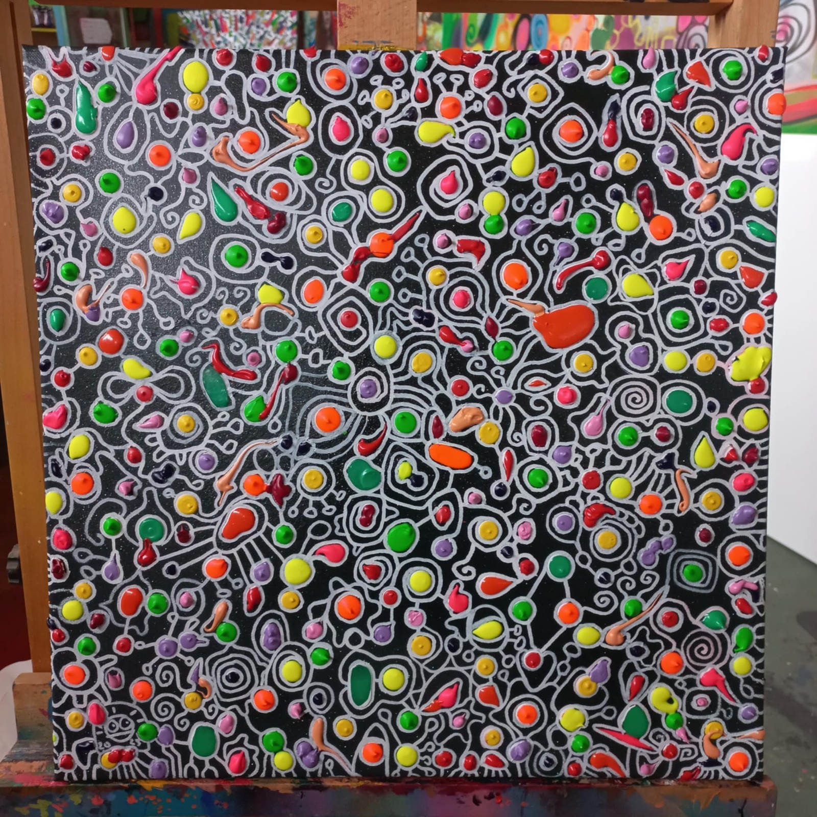 ORIGINAL Glow in dark, Neon Colors, Hand-painted 50×50 cm, 19,68×19,68 in Framed
