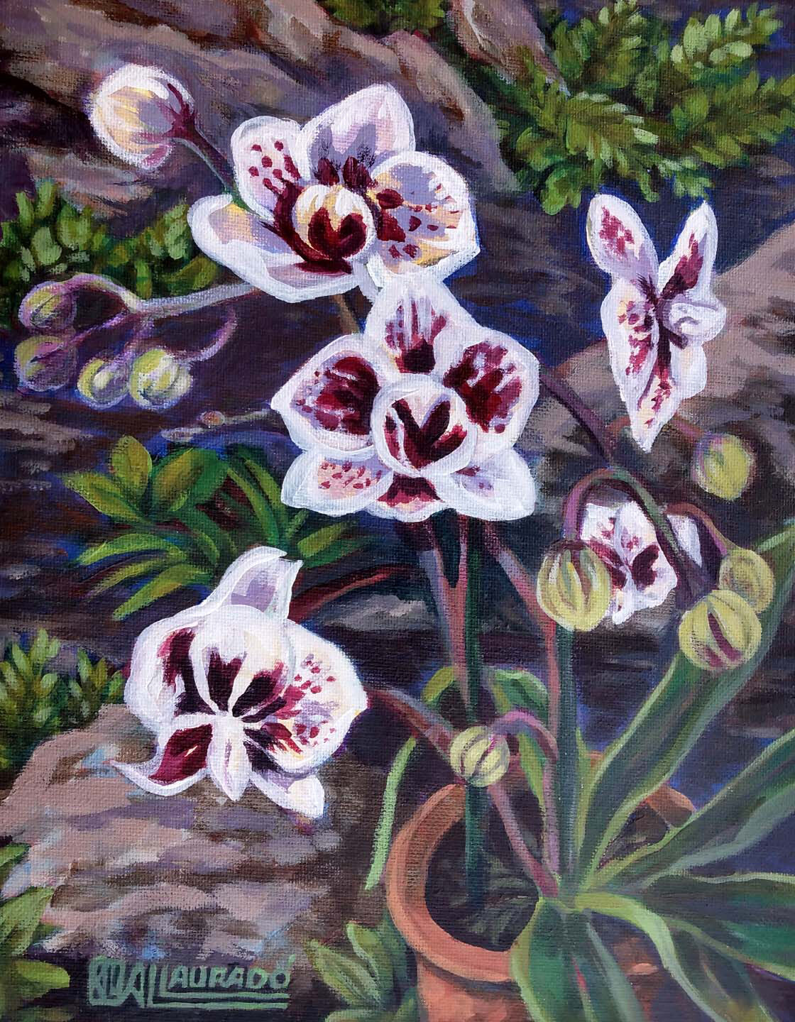 Orchids on Rocks 10 x 14 Acrylic Painting Tropical Impressionism Purple & White