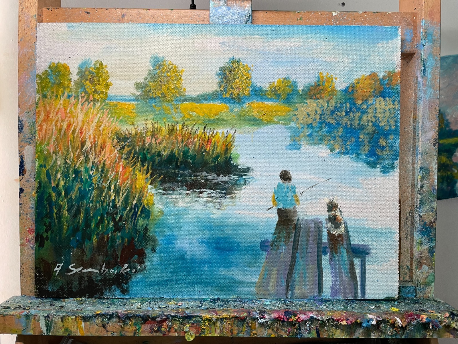 Original Oil Painting River Landscape Fisherman Dock Impressionist Art 12×16