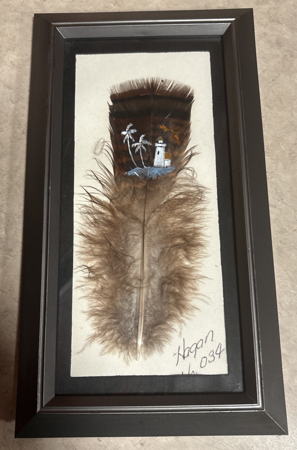 Framed Turkey Feather Painting Lighthouse Island Setting Numbered 034 Hagan