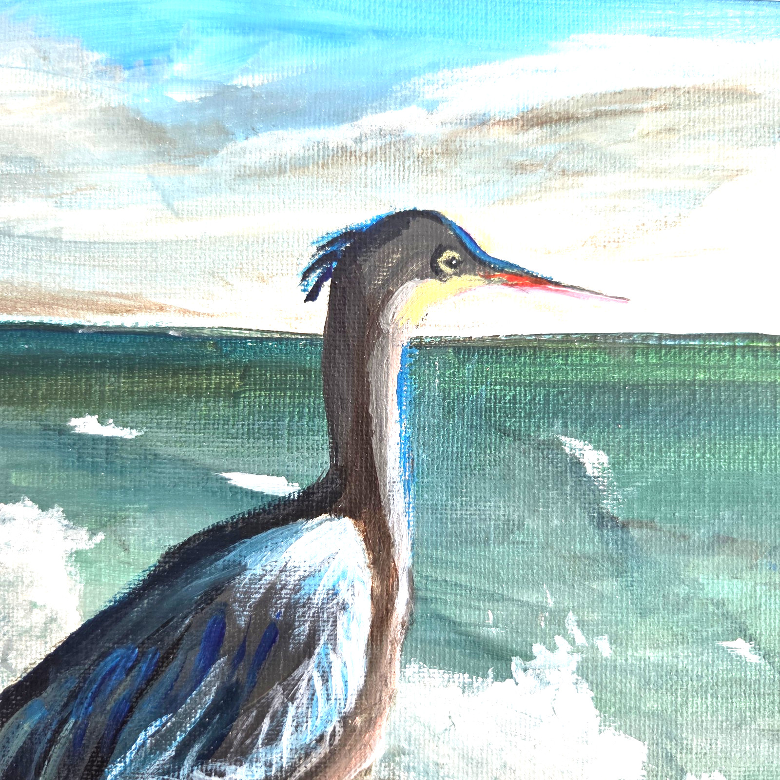 Original Painting Wall Art Blue Heron Frame in Gulf Sea 16.5 x 13.5″ Artist Sign